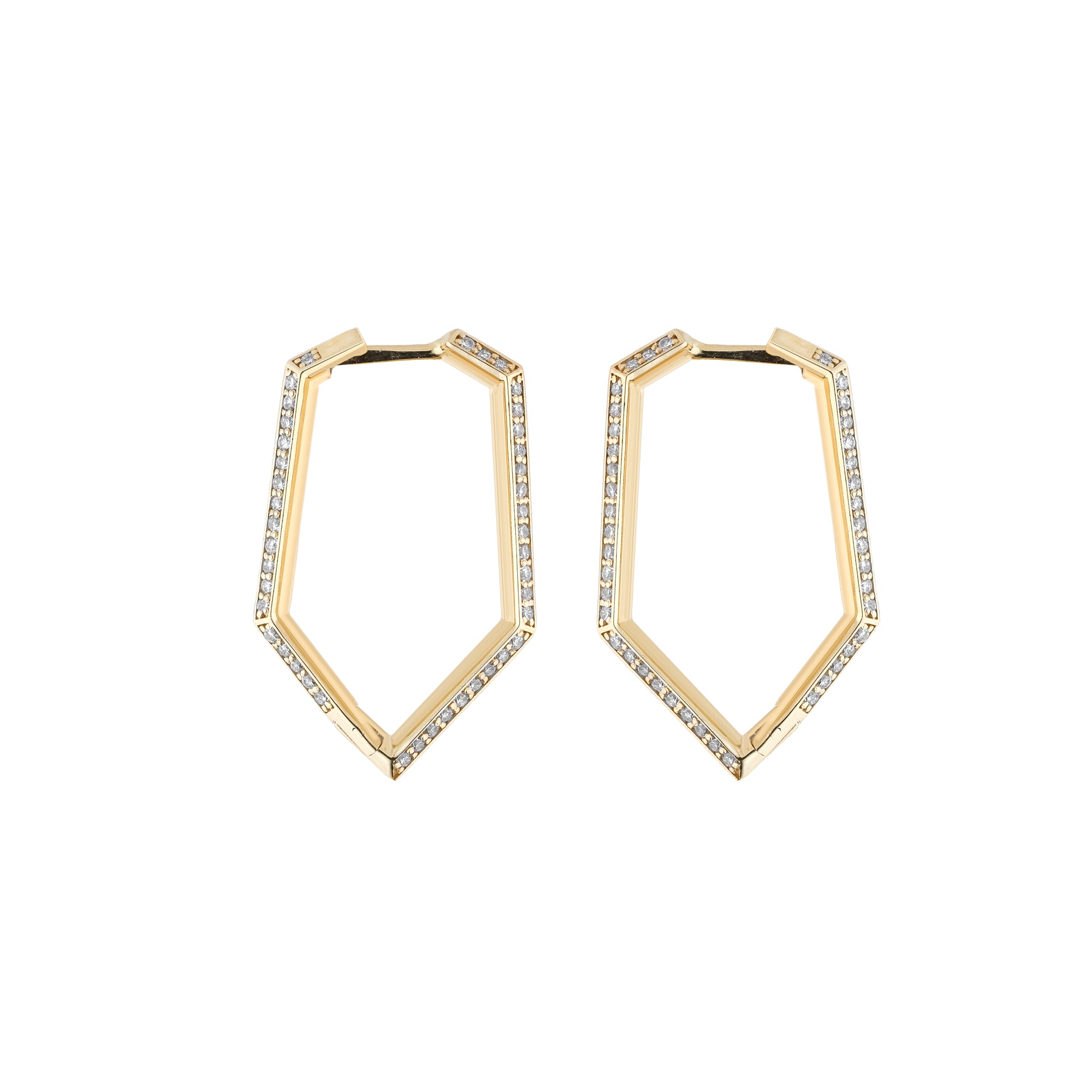 Gold hoop earrings with diamond accents on a white background