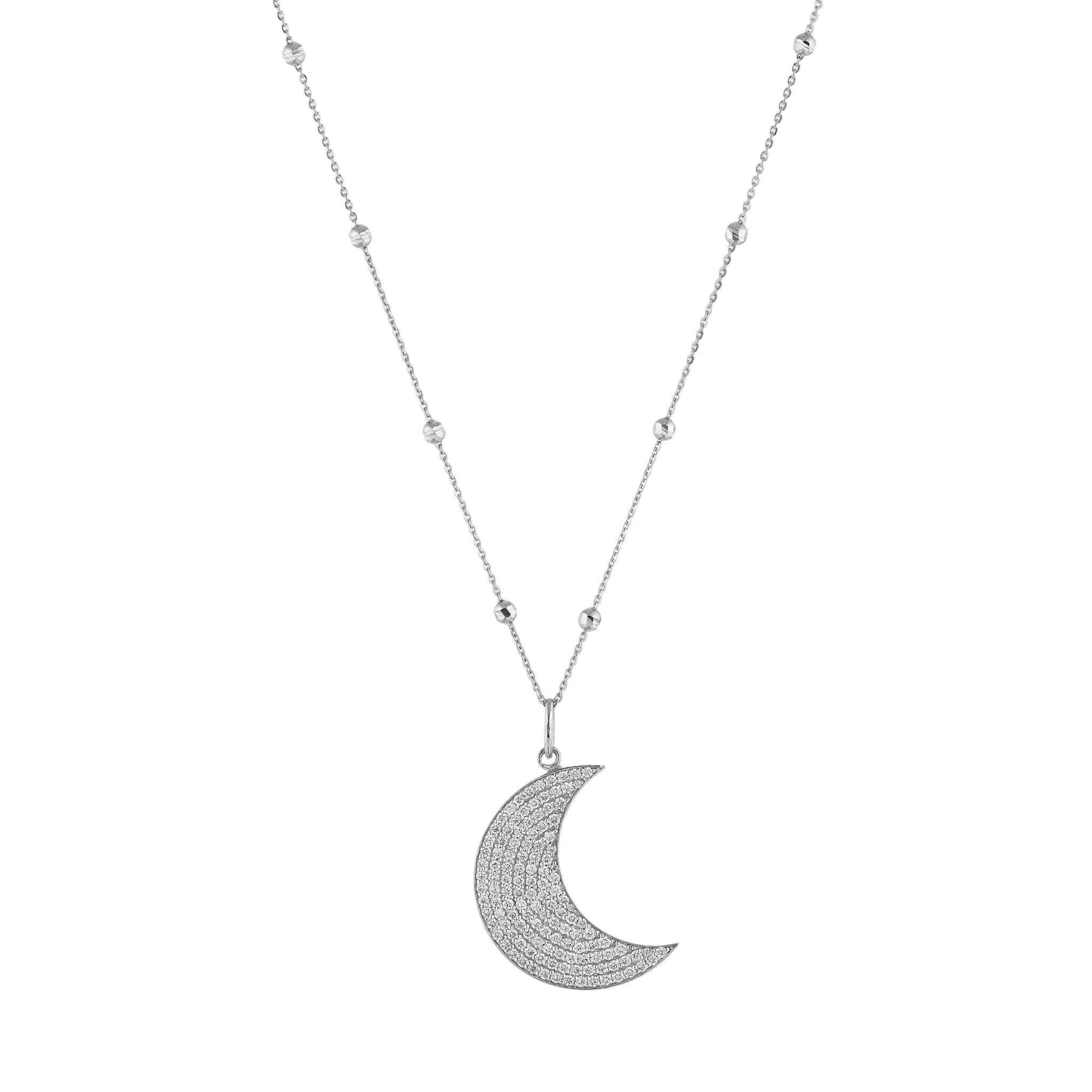 Long Moon necklace featuring diamond accents on an 18ct gold chain for modern elegance.