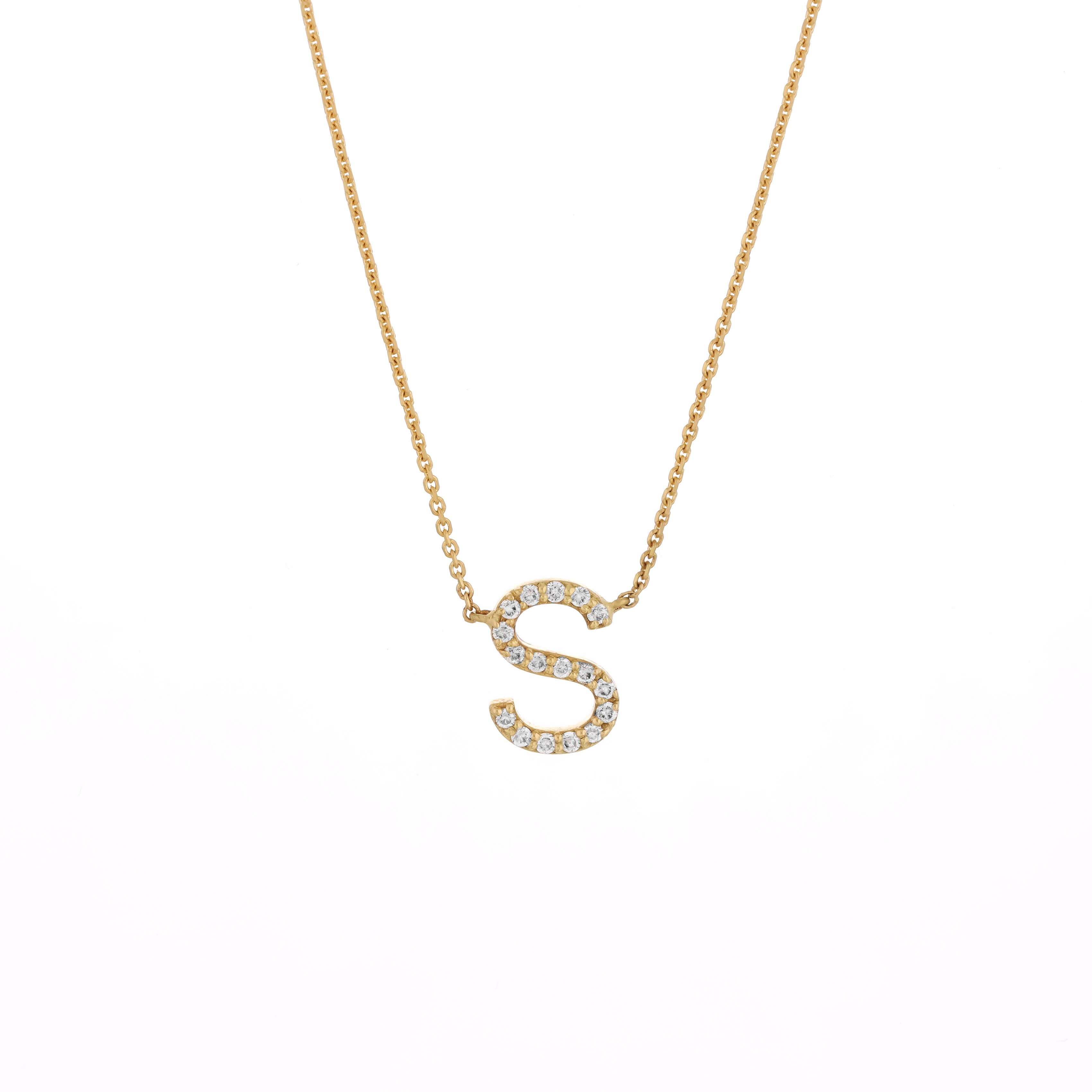 Single Love Letter Necklace featuring sparkling round brilliant cut diamonds in a gold setting.