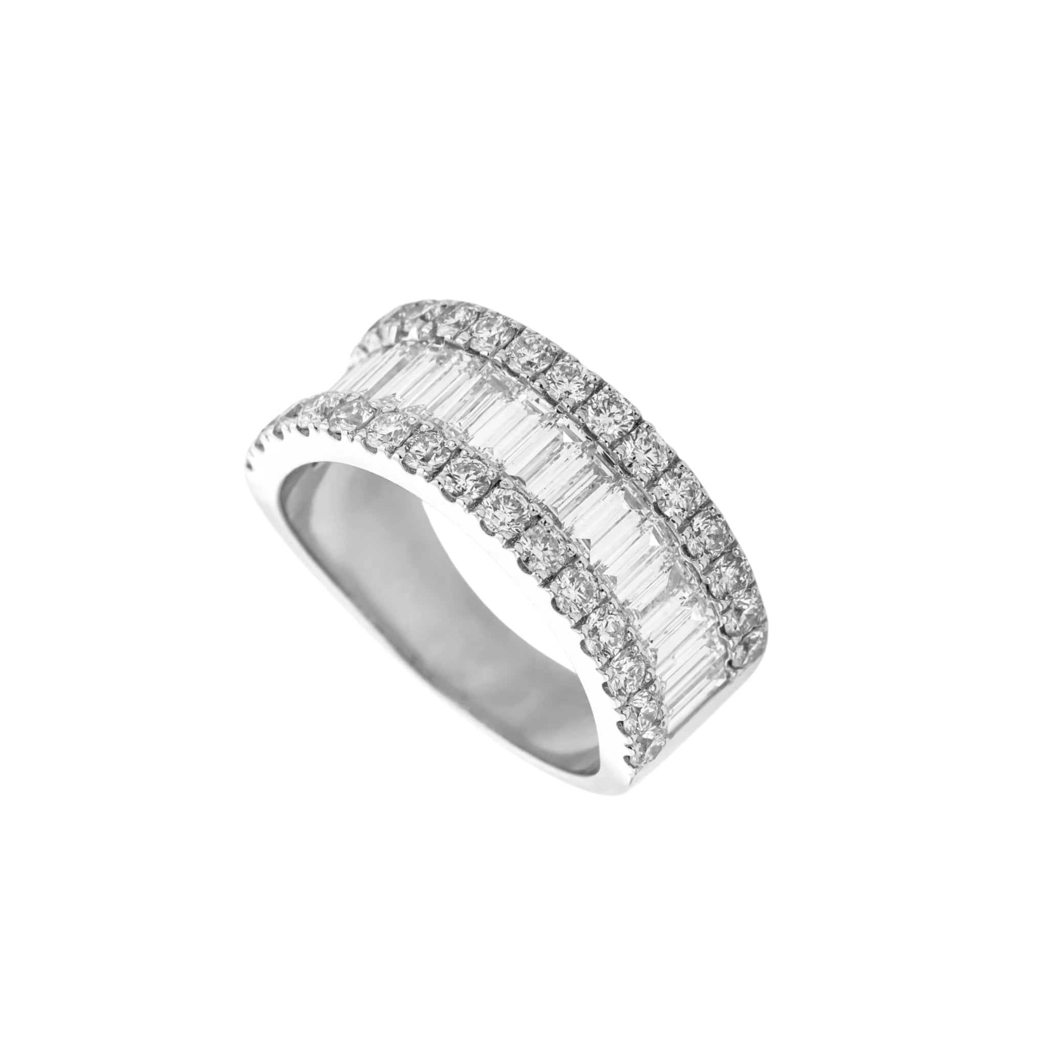 A diamond eternity ring featuring two parallel rows of baguette cut diamonds photographed on a plain white background.