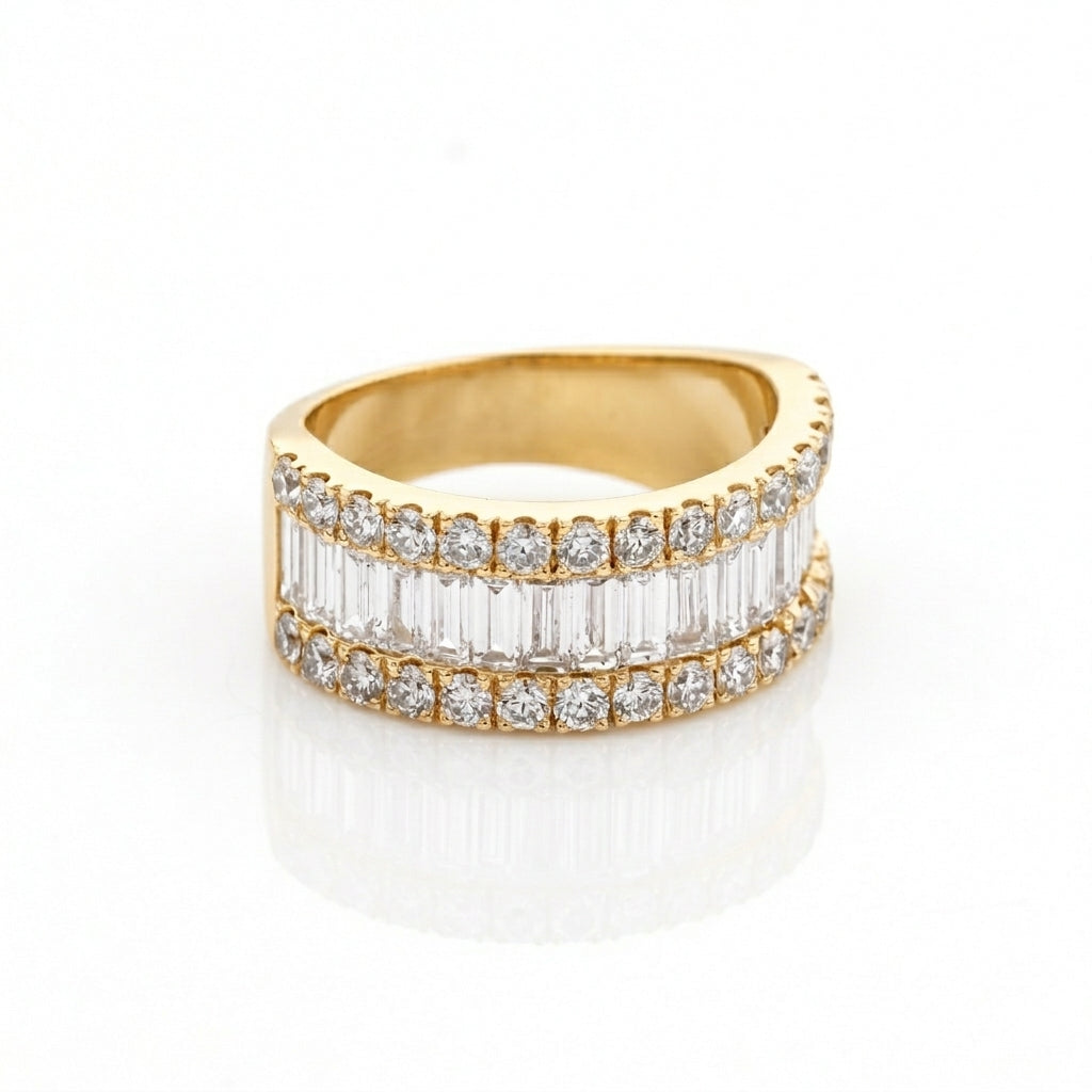 Gold ring with diamonds on a white background