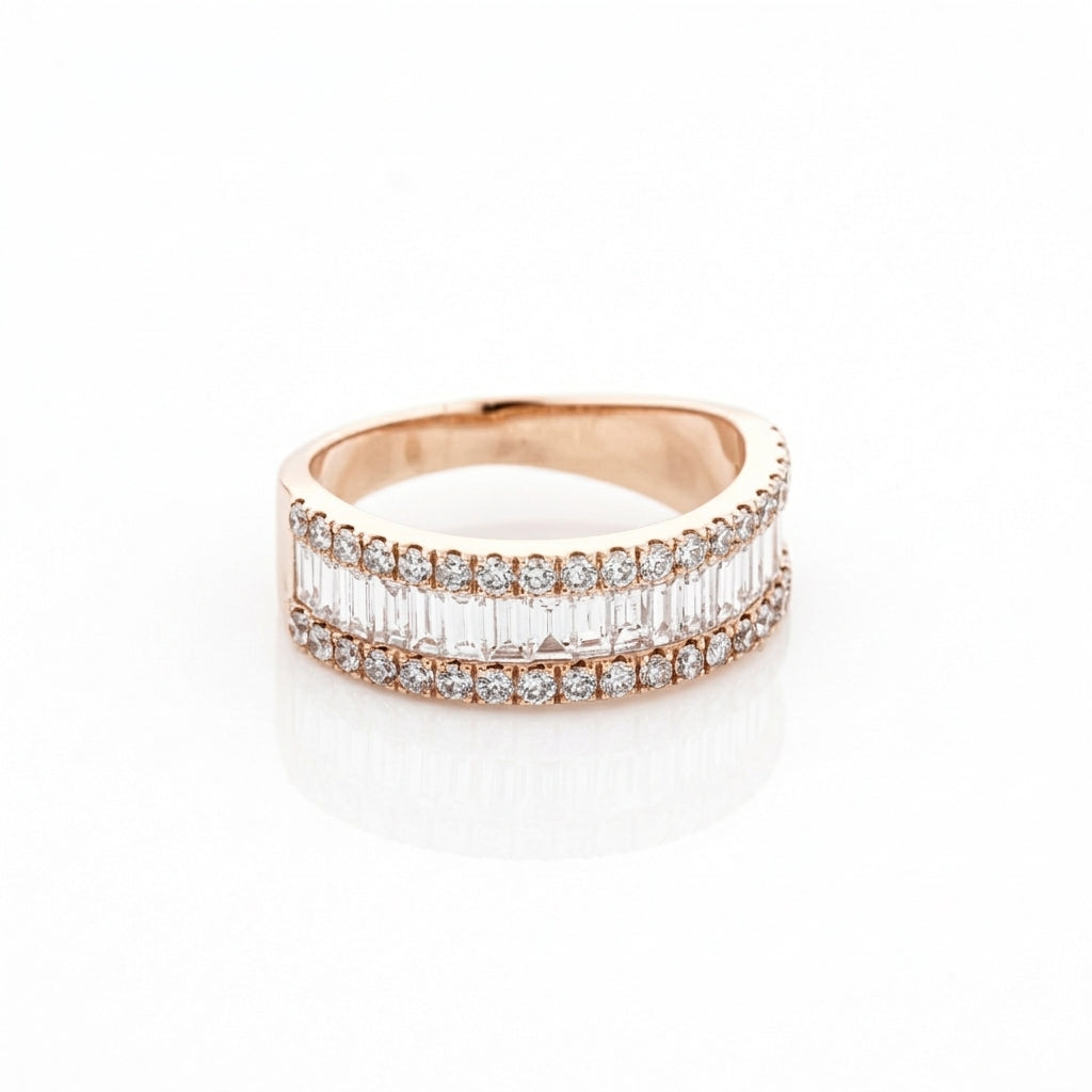 Rose gold ring with diamonds on a white background
