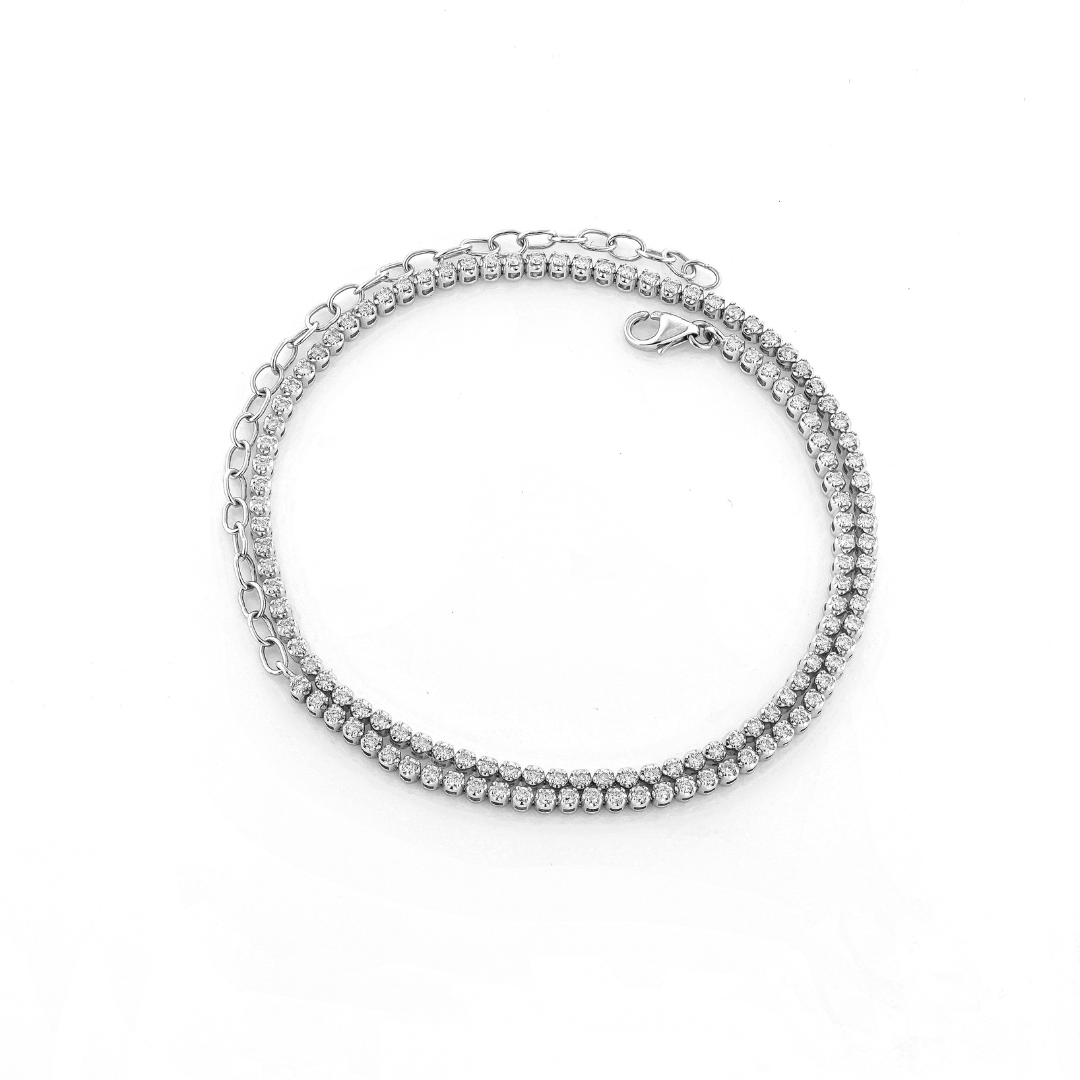 Maia certified diamond necklace designed to be worn as a wrap around double tennis bracelet in silver setting.