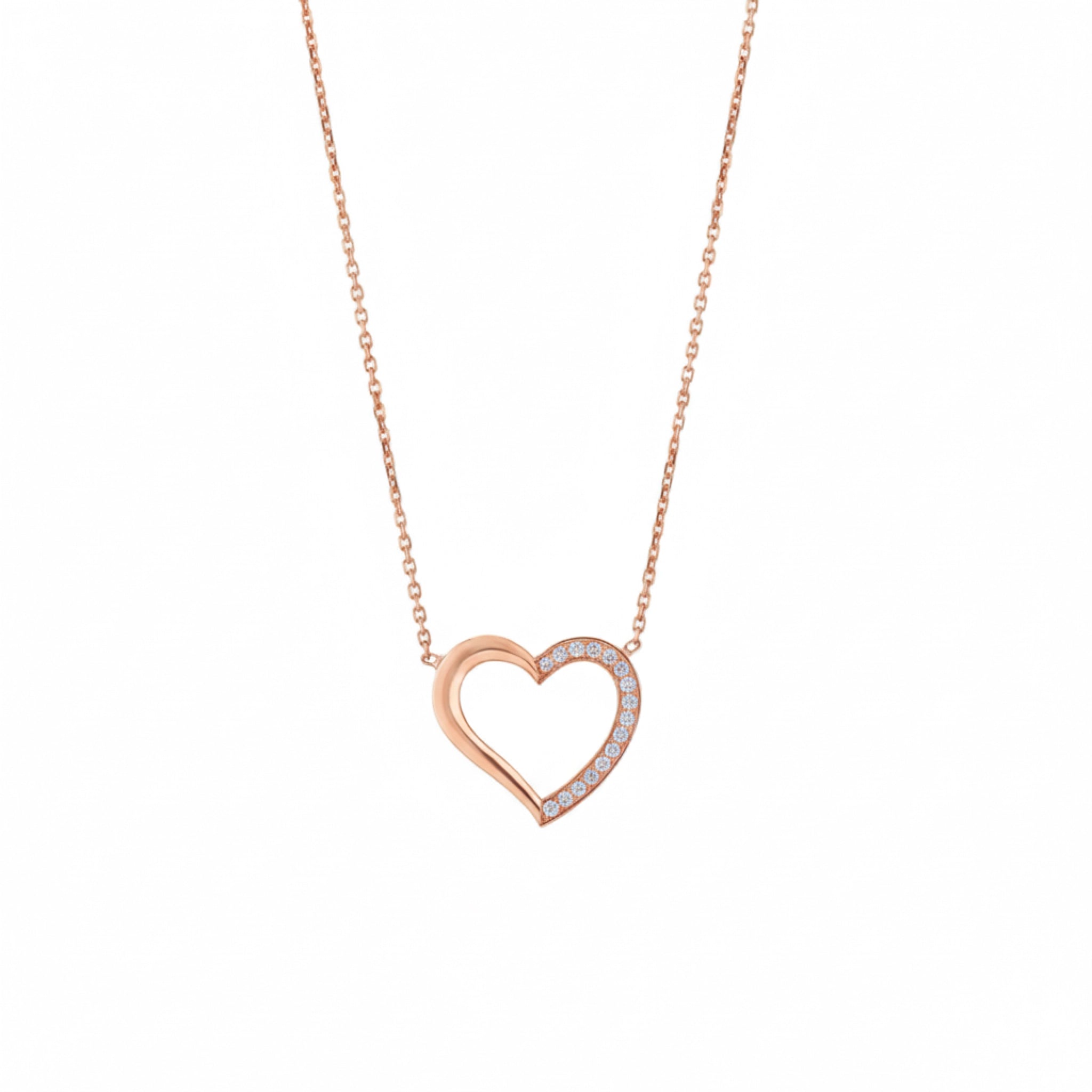 The Margot Necklace, an 18ct rose gold diamond necklace featuring a heart design with round brilliant cut diamonds.