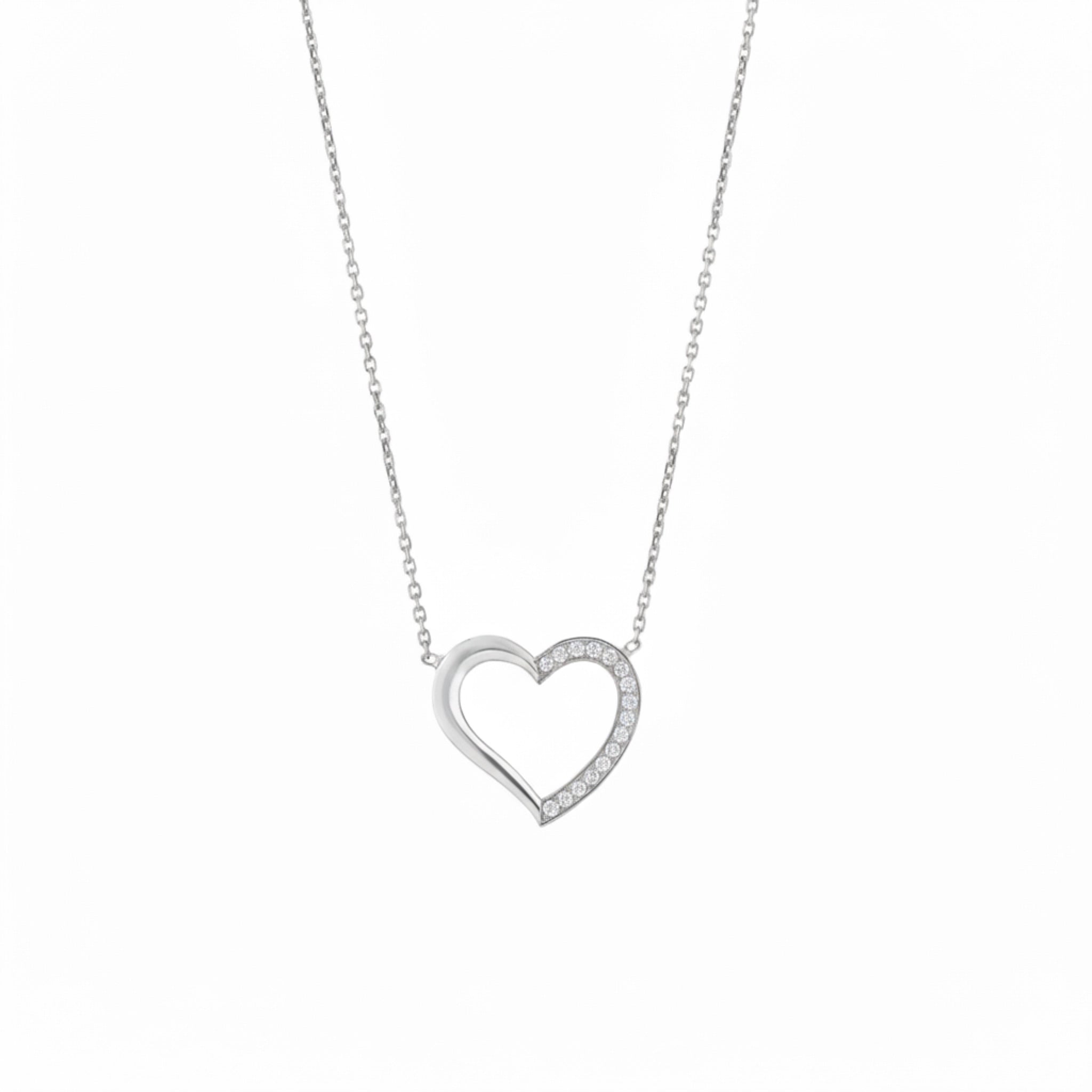 The Margot Necklace, an 18ct white gold diamond necklace featuring a heart design with round brilliant cut diamonds.