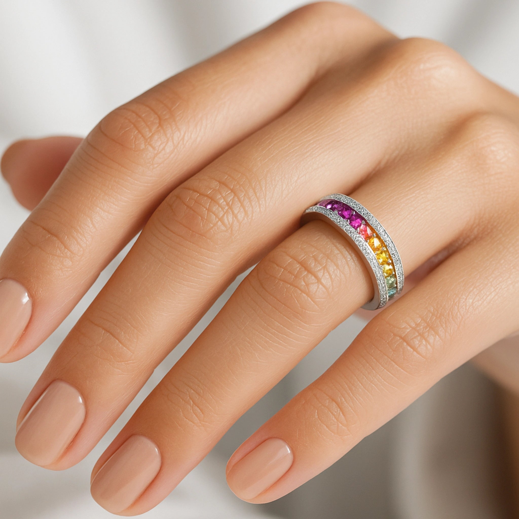 Elegant multi colour sapphire ring featuring diamonds, showcasing graduating hues on a hand with manicured nails.