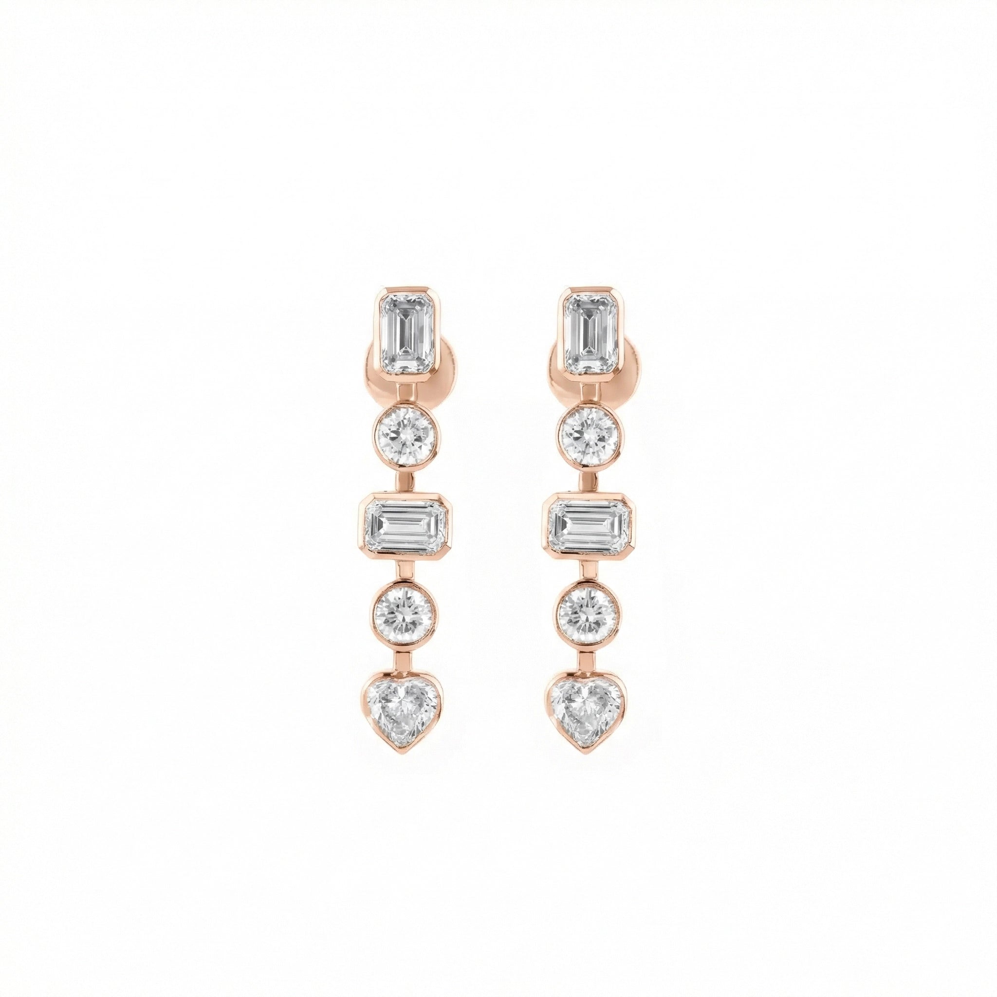 Diamond earrings with various shaped stones on a white background