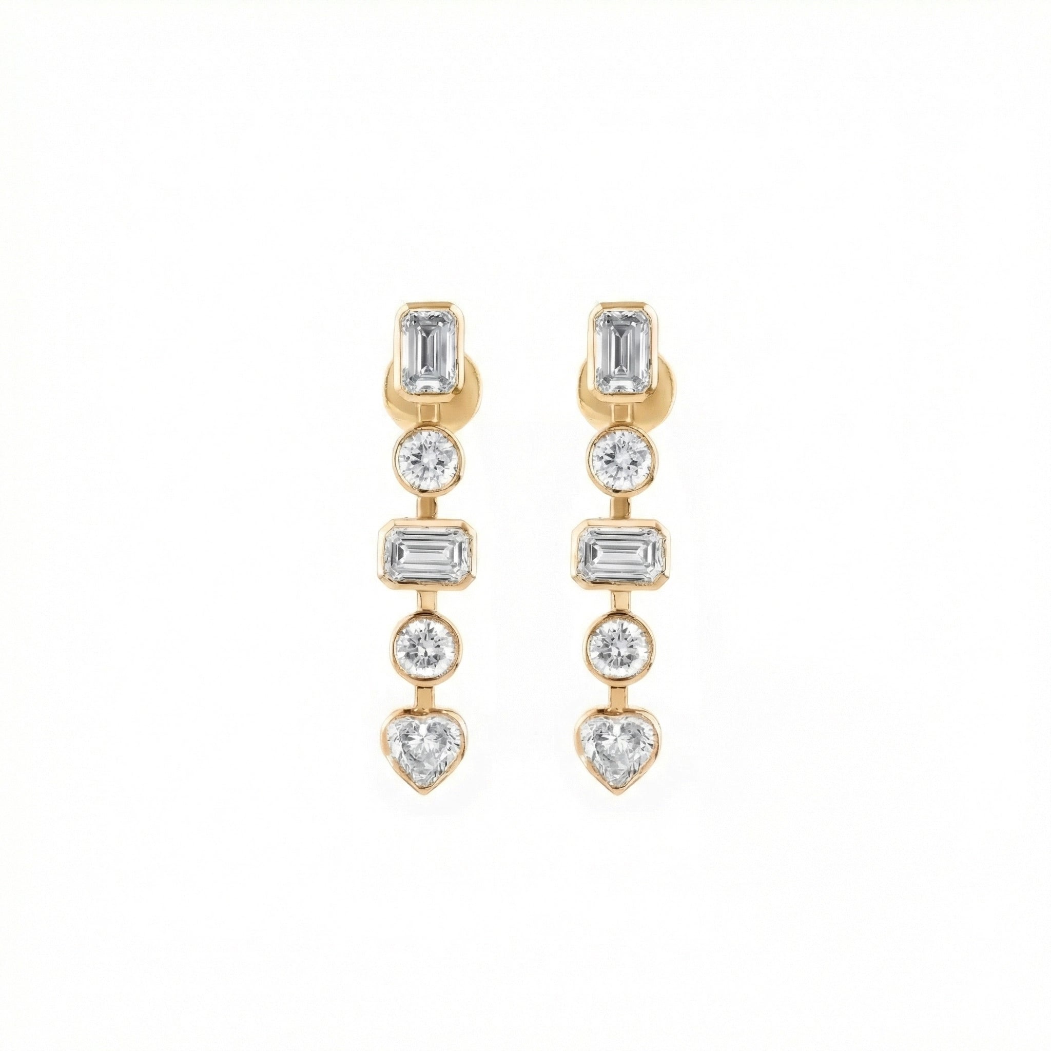 Diamond earrings with various shaped stones on a white background