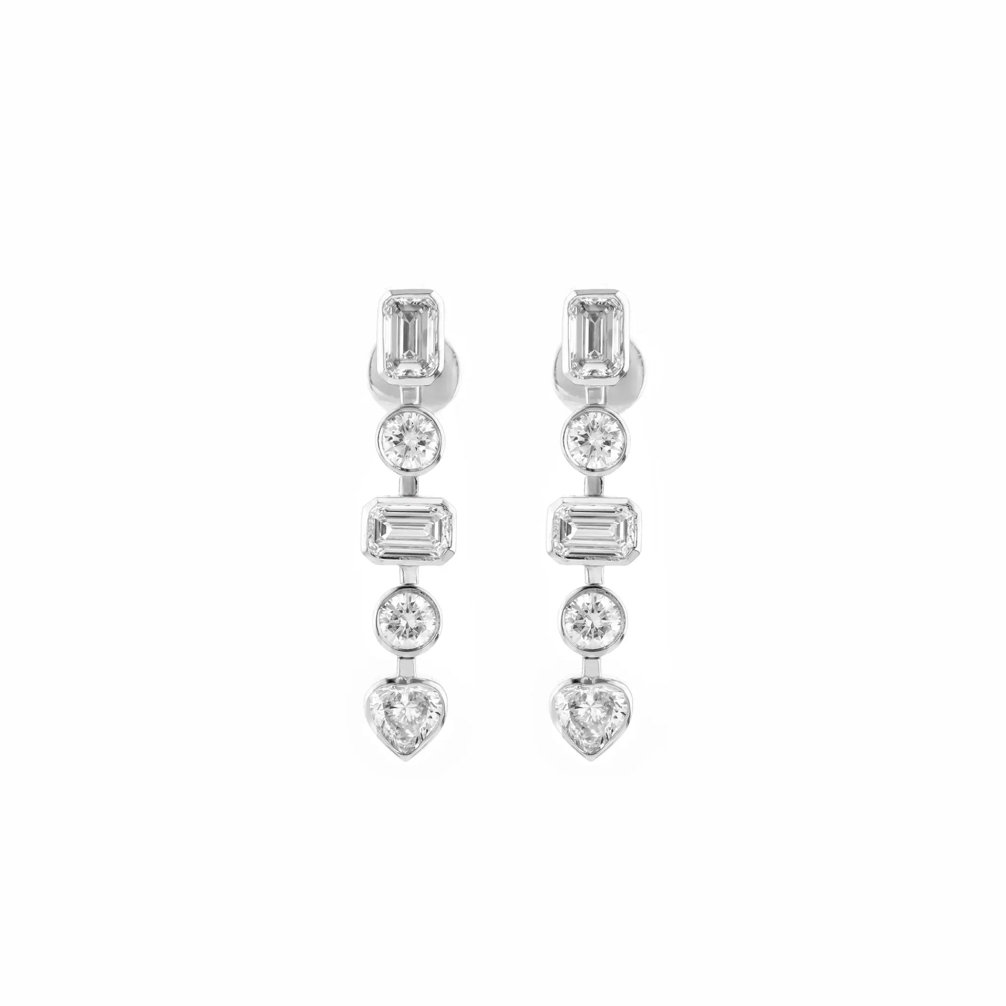 Diamond earrings with various shaped stones on a white background