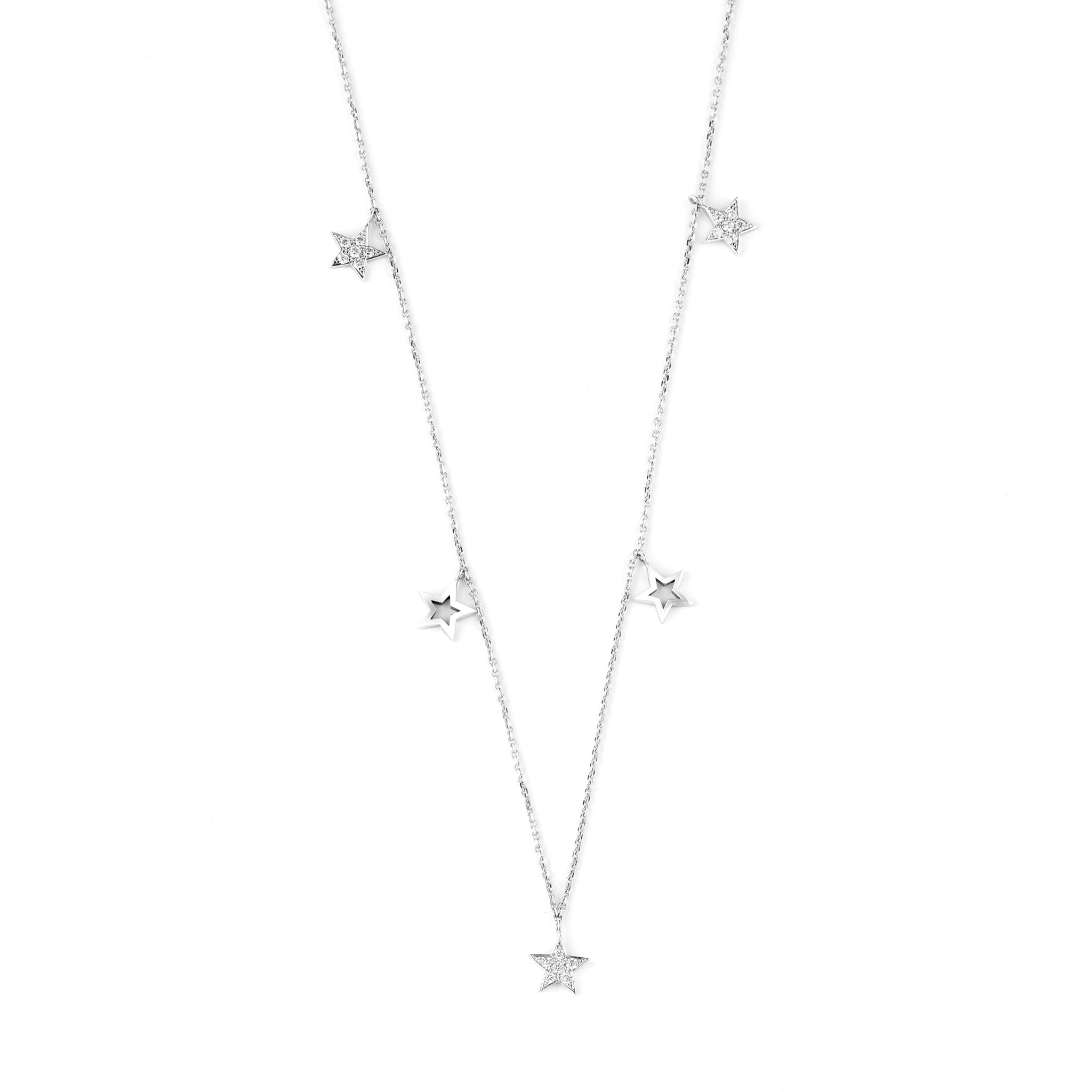 Elegant certified diamond necklace featuring gold and diamond set stars on a fine gold chain.