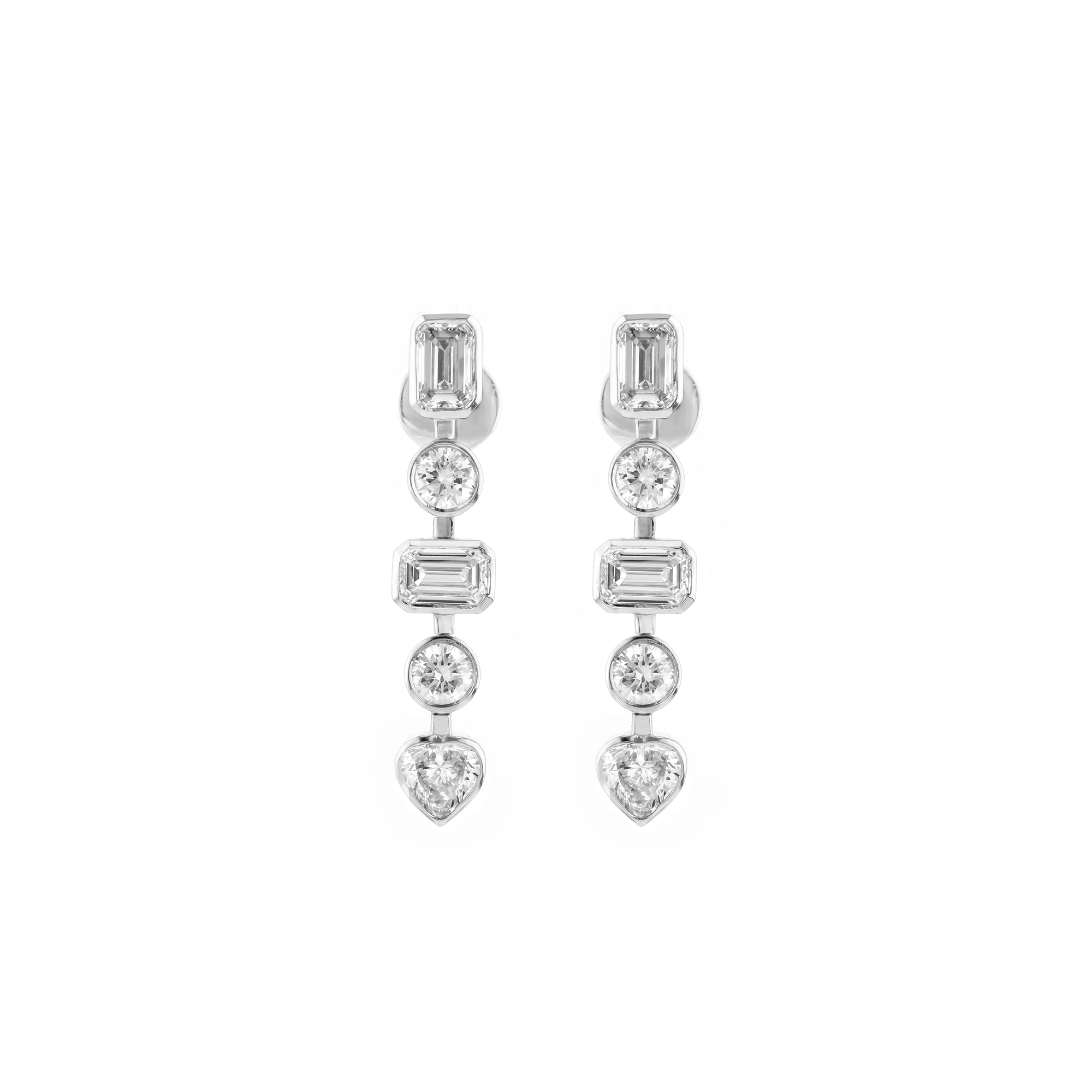 Diamond earrings with various shaped stones on a white background