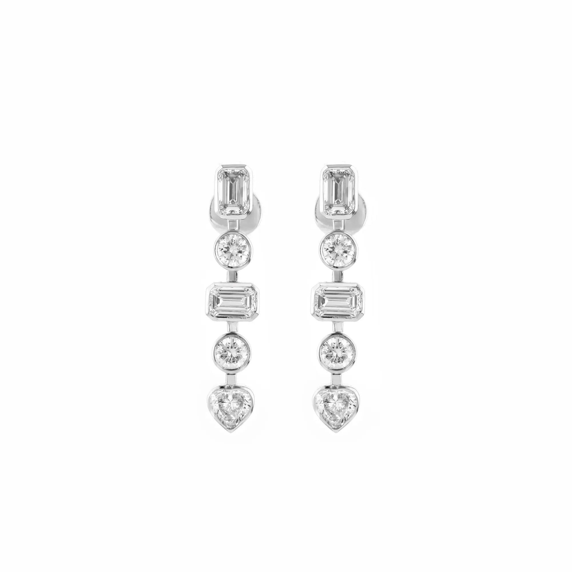 Diamond earrings with various shaped stones on a white background