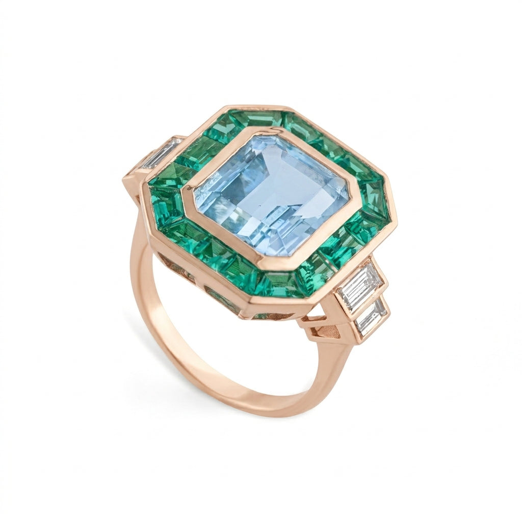Blue Topaz & Emerald Halo Art Deco Ring