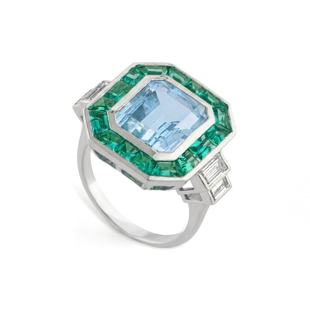 Blue Topaz & Emerald Halo Art Deco Ring