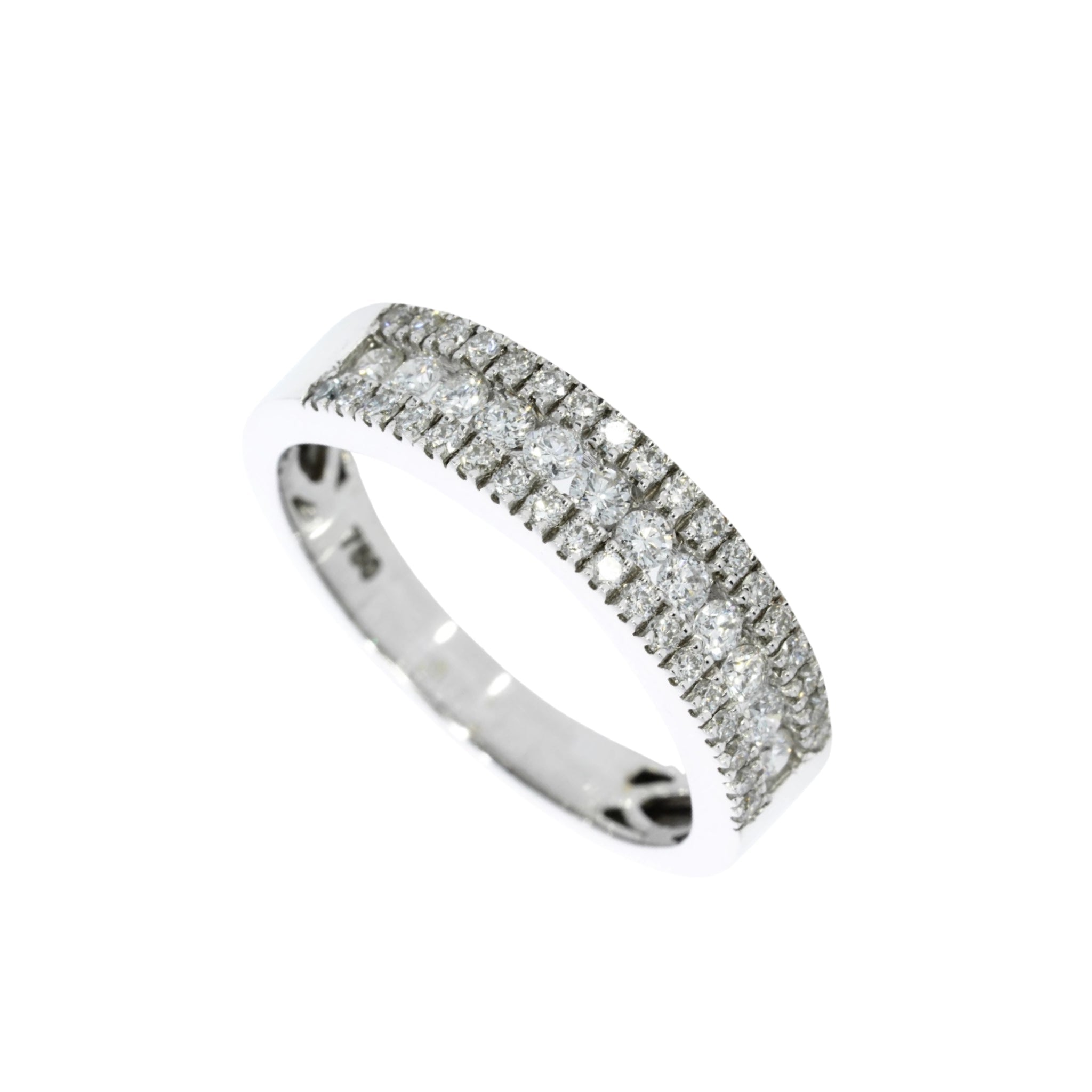 An eternity ring paved with small diamonds, shown at an angle on a plain white background.