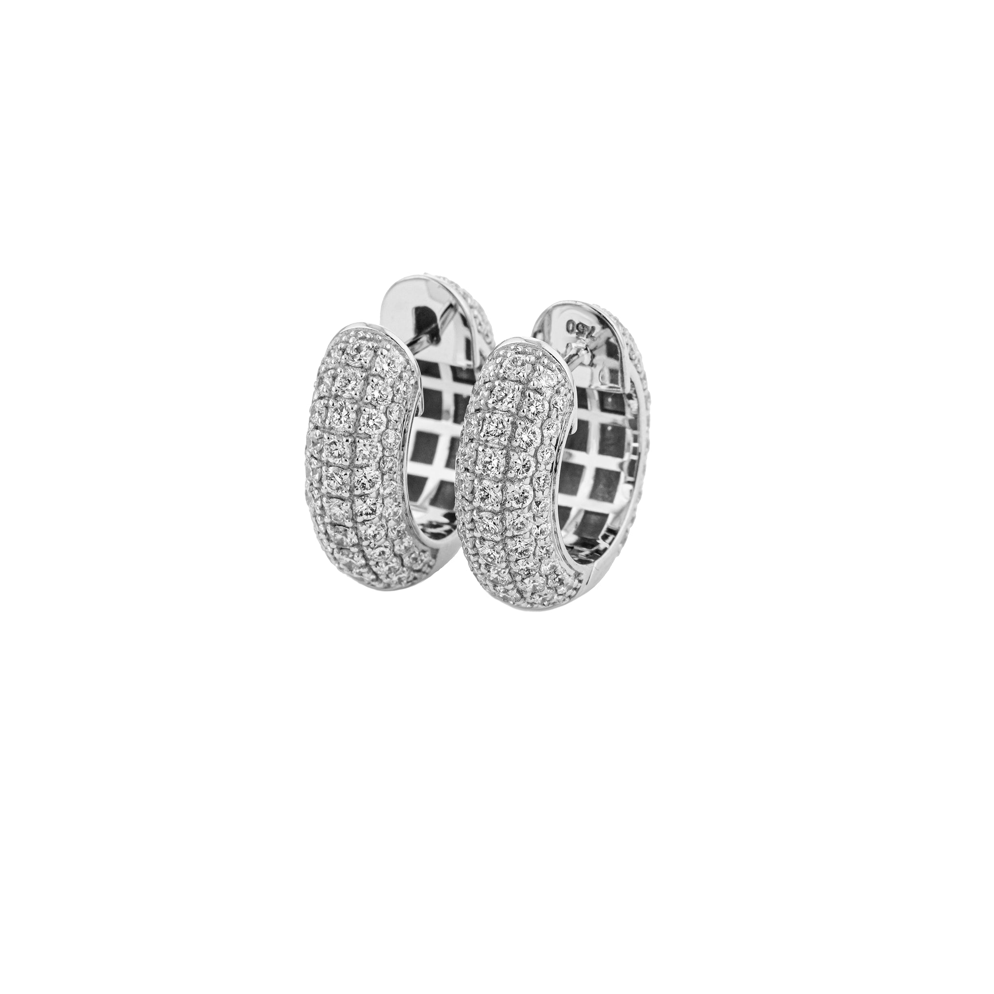 Pair of diamond hoop earrings with clear gemstones on a white background