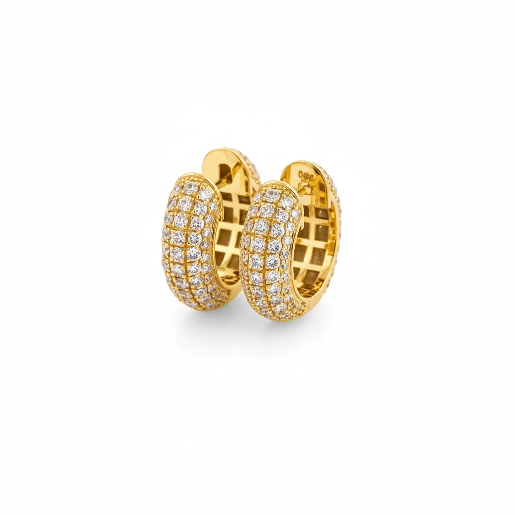 Pair of diamond hoop earrings with clear diamonds on a white background