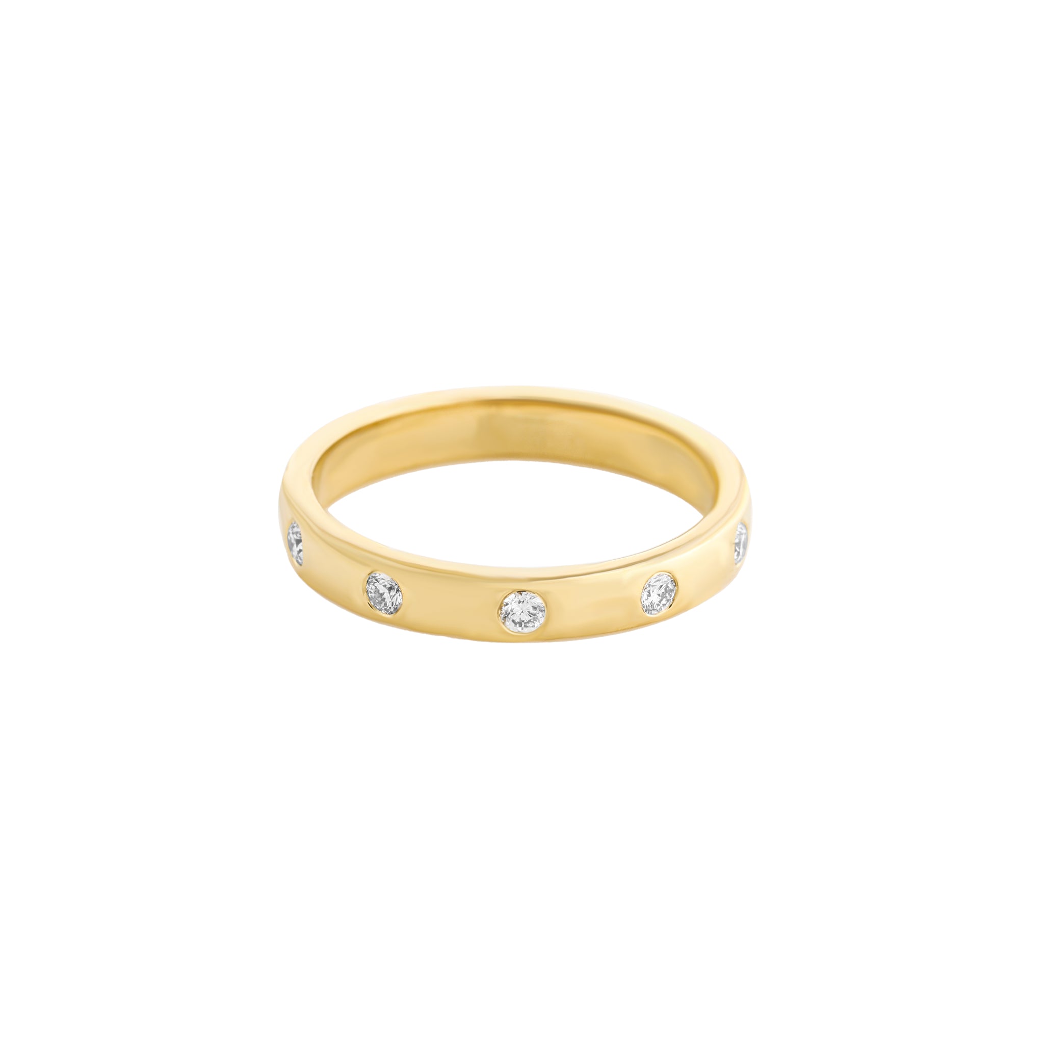 Round Brilliant Cut Diamond Inlay Band featuring a polished gold band with flush set diamonds.