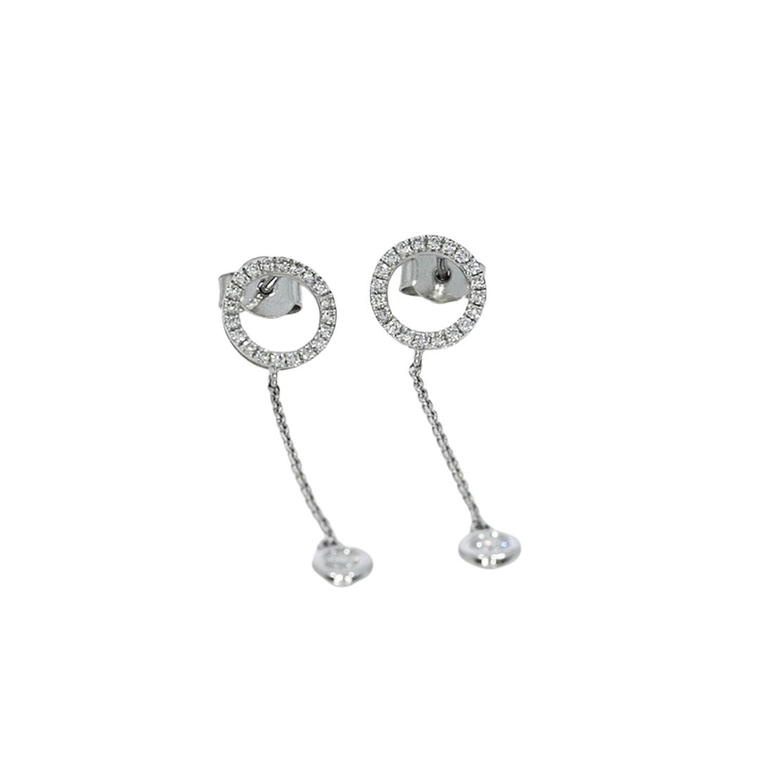 Delicate certified diamond earrings featuring bezel set diamonds on fine chains in solid 18ct gold.