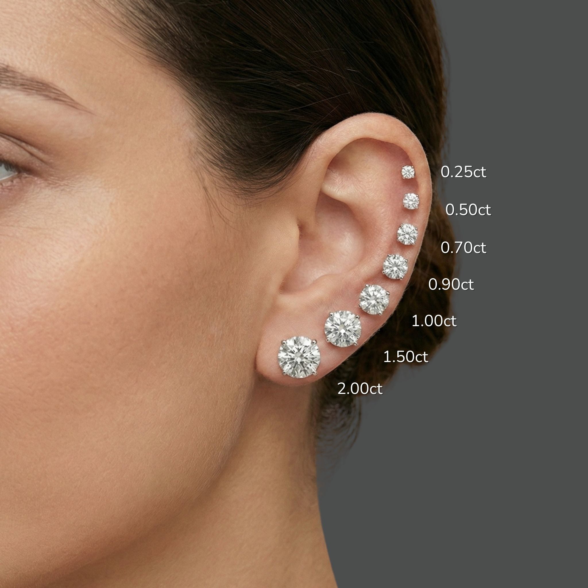 Diamond earrings on a model's ear with size labels