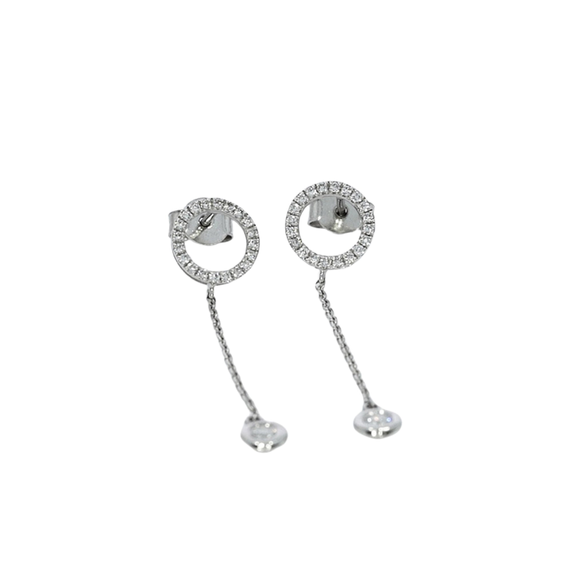 Delicate certified diamond earrings featuring bezel set diamonds on fine chains in solid 18ct white gold.