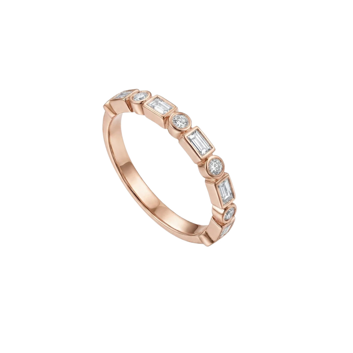 A rose gold eternity-style ring featuring a row bezel set round-cut diamonds and emerald cut diamonds, shown on a plain white background.