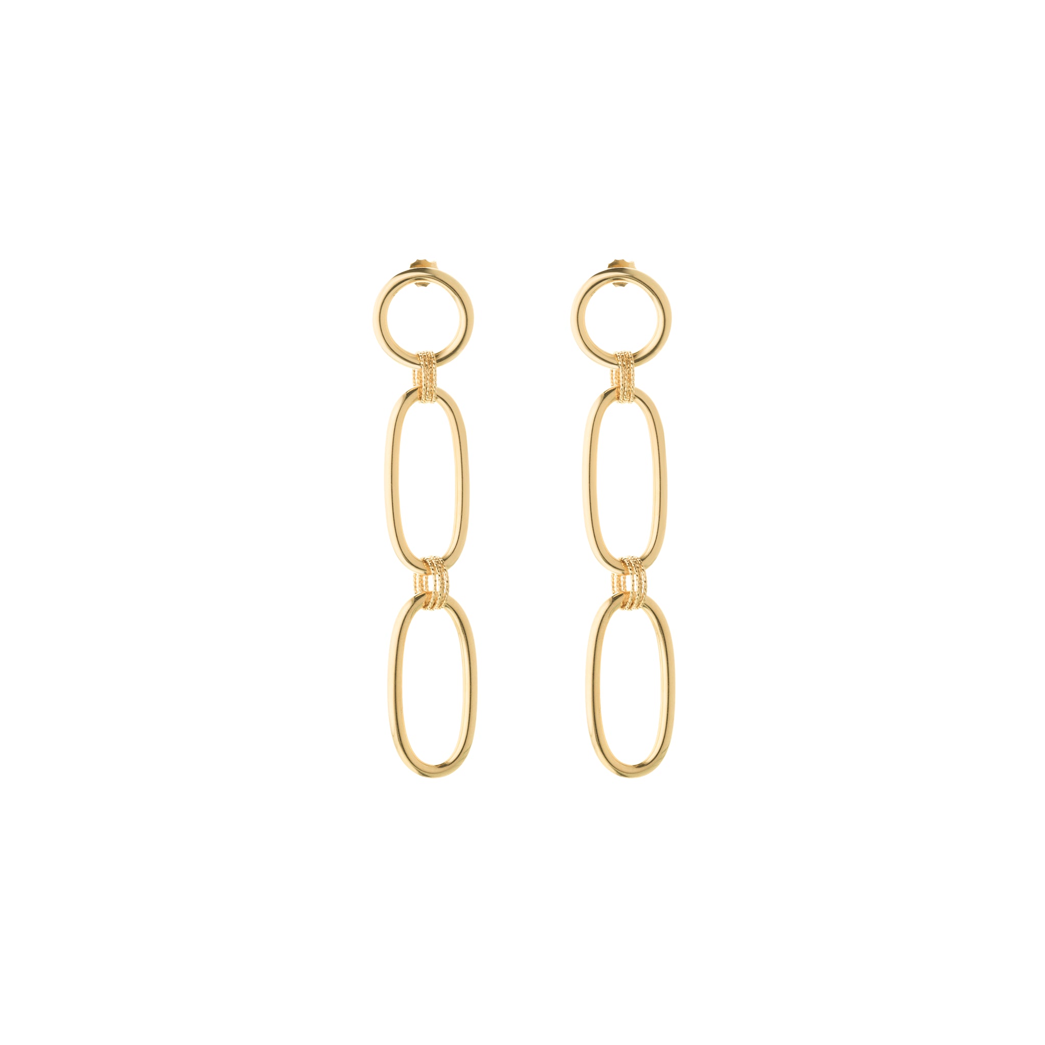 Gold chain-style earrings on a white background
