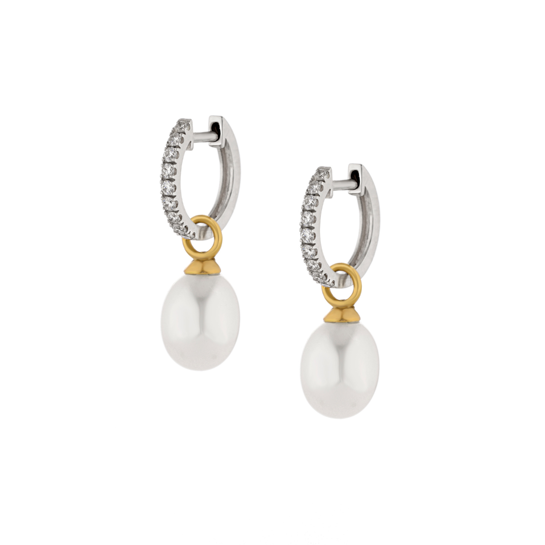 Sophia diamond earrings featuring diamond hoops and detachable freshwater pearls in elegant 18ct white gold.