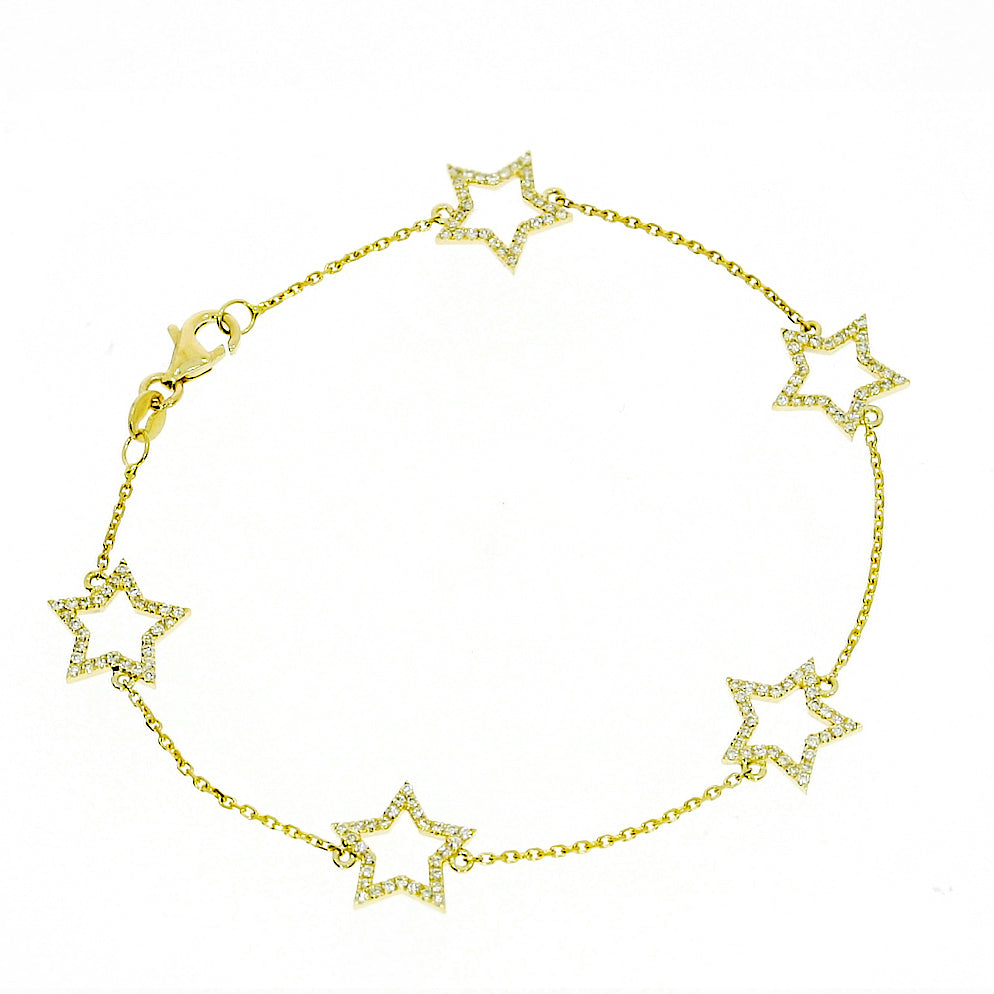 Star bracelet featuring five diamond-set star motifs on a delicate 18ct gold chain.