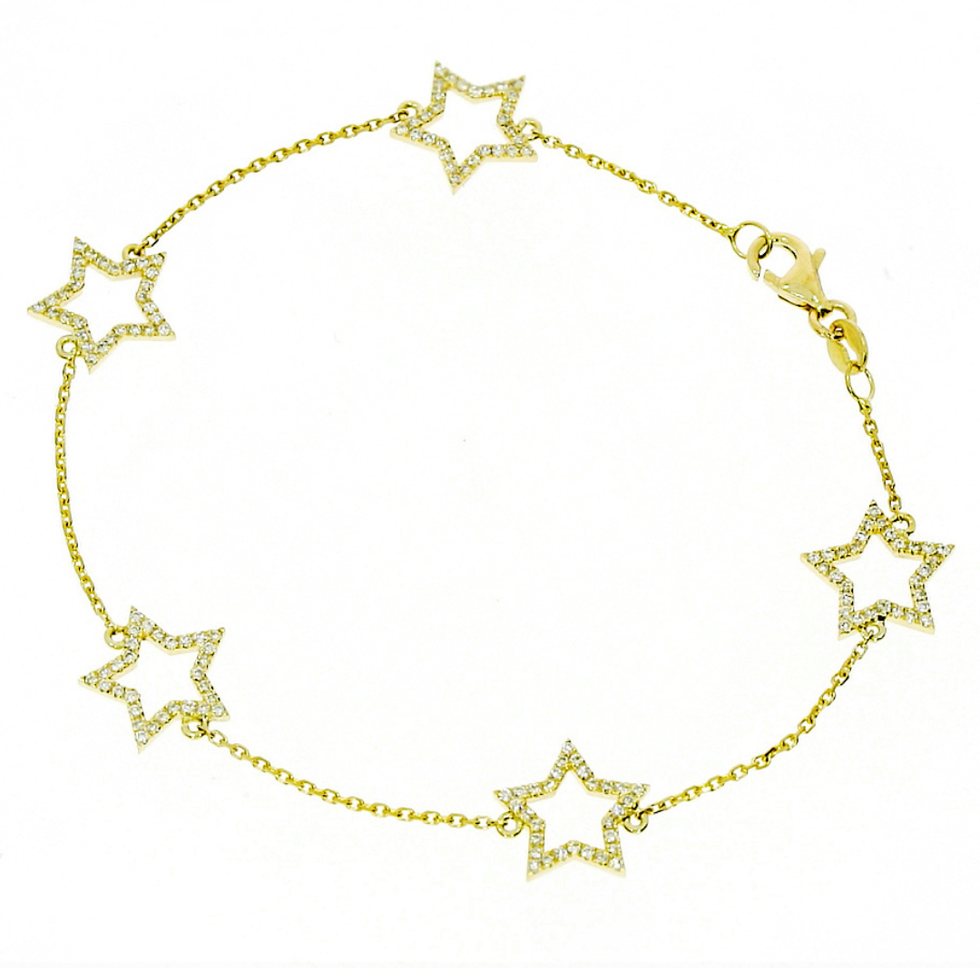Star bracelet featuring five diamond-set star motifs on a delicate 18ct gold chain.