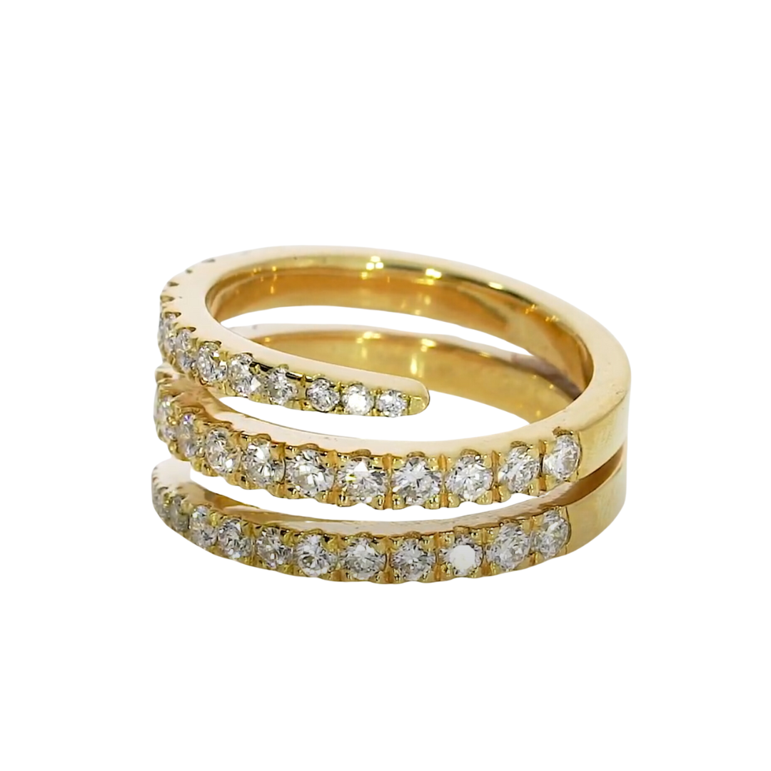 Swirl ring in yellow gold featuring three elegant rows of certified diamonds for stunning sparkle.