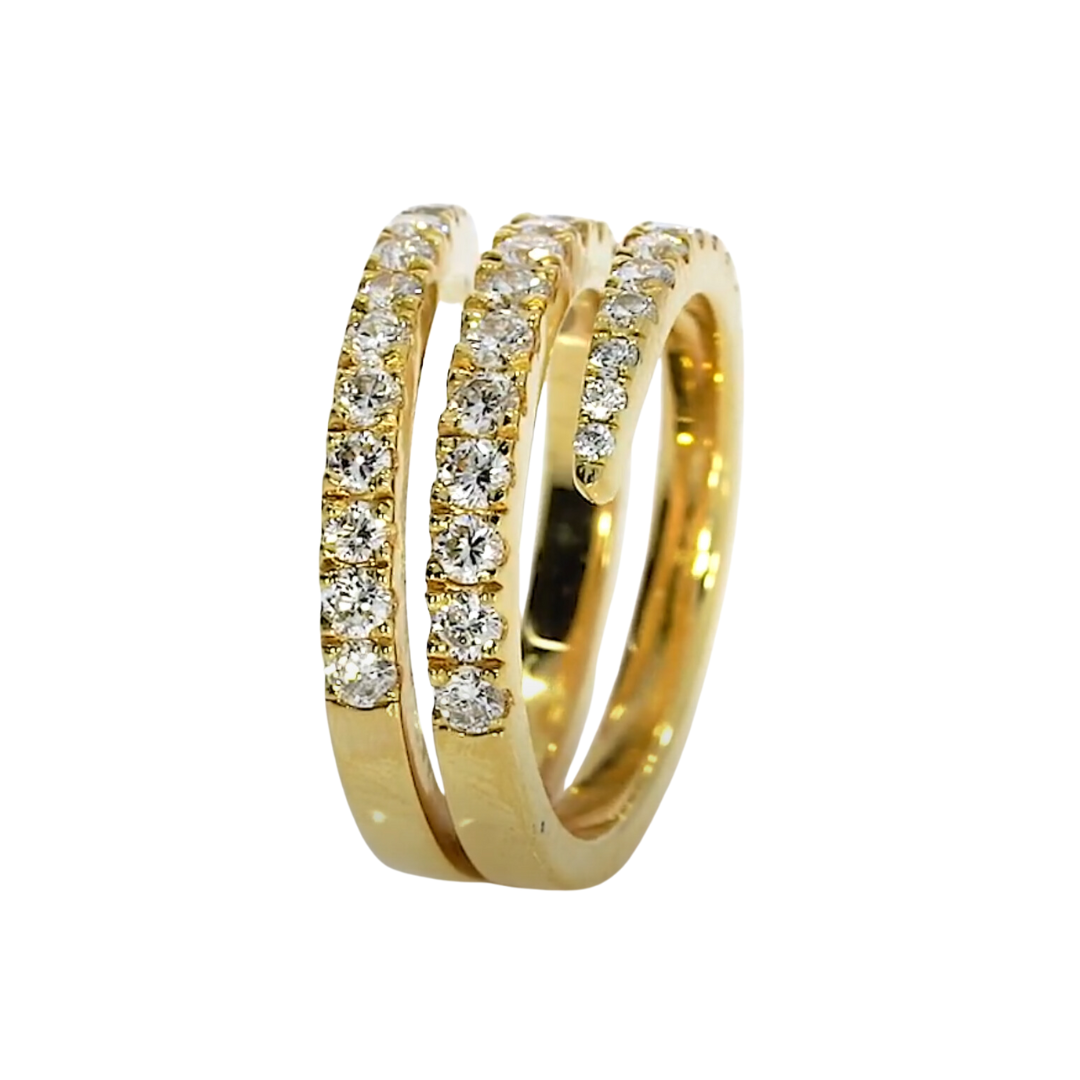 Swirl ring in yellow gold featuring certified diamonds in three elegant rows showcasing 0.95cts of brilliance.