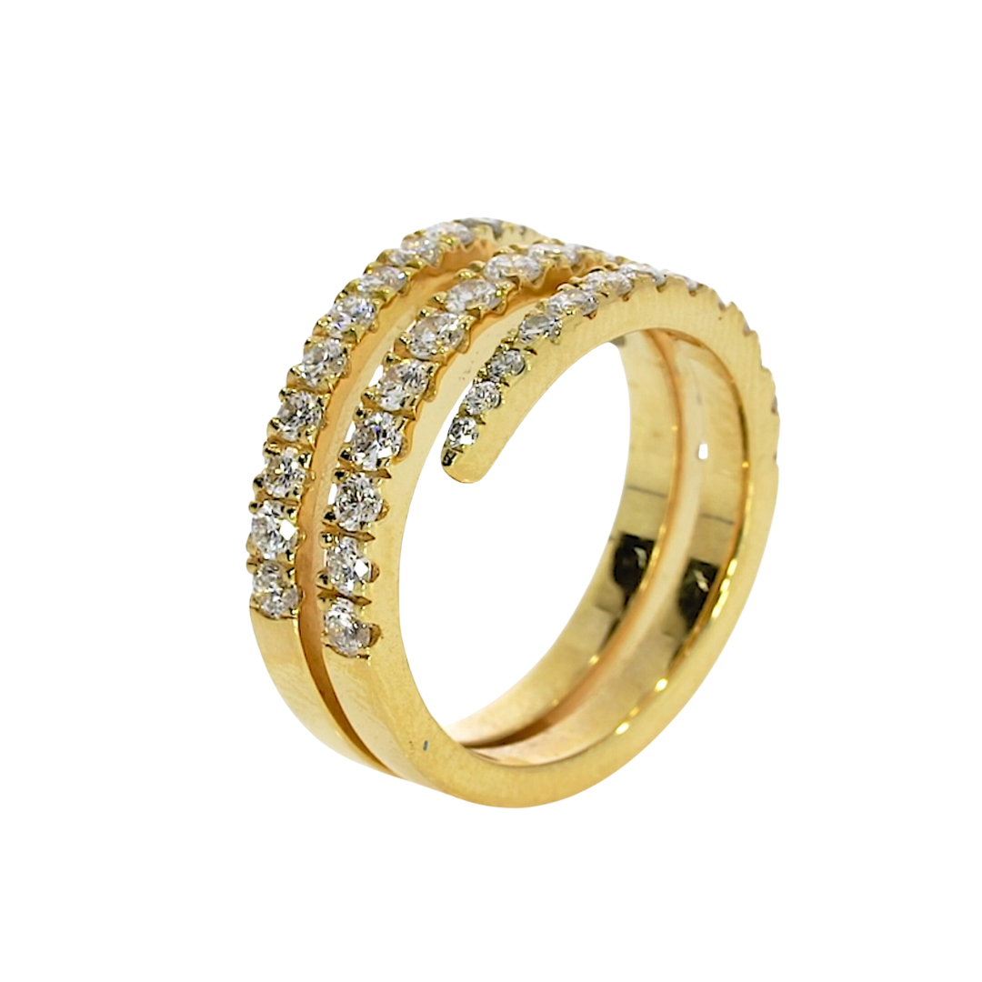 Swirl ring in gold with certified diamonds showcasing three rows of brilliance and sparkle