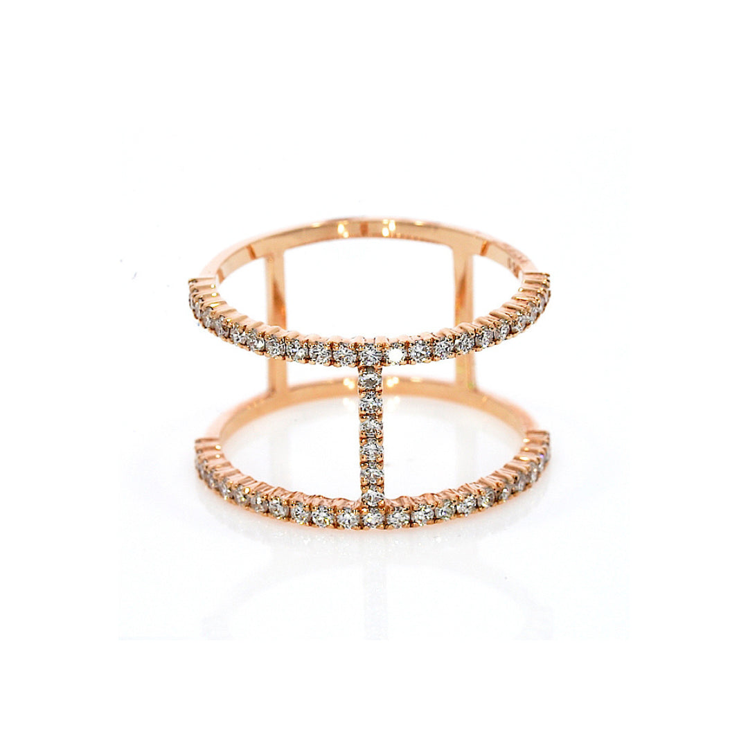 Stunning H design ring with 0.62cts of round brilliant cut diamonds, rose gold colour set in 18ct gold.