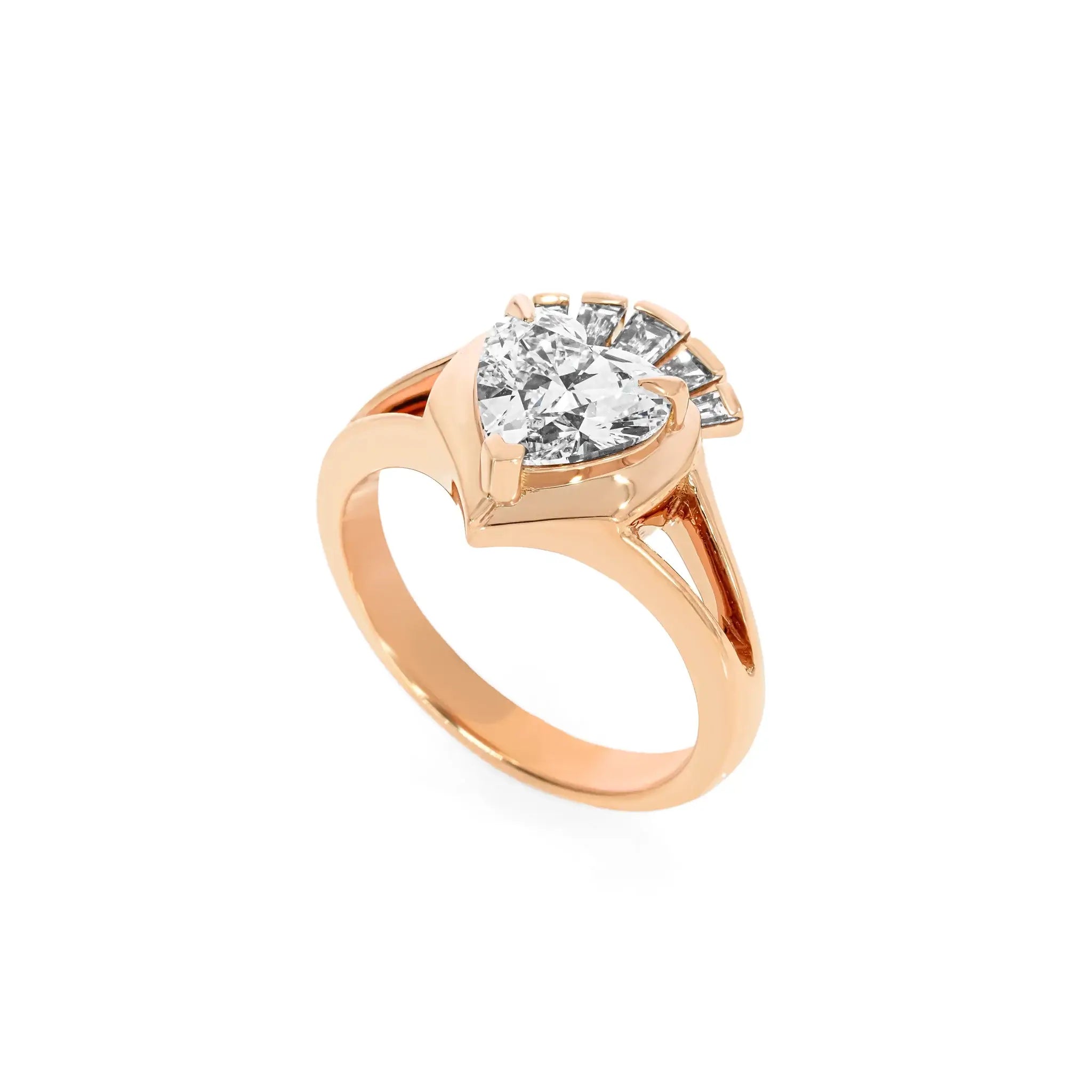 Róisín Claddagh ring with a heart-shaped diamond and a modern sculptural design in rose gold.