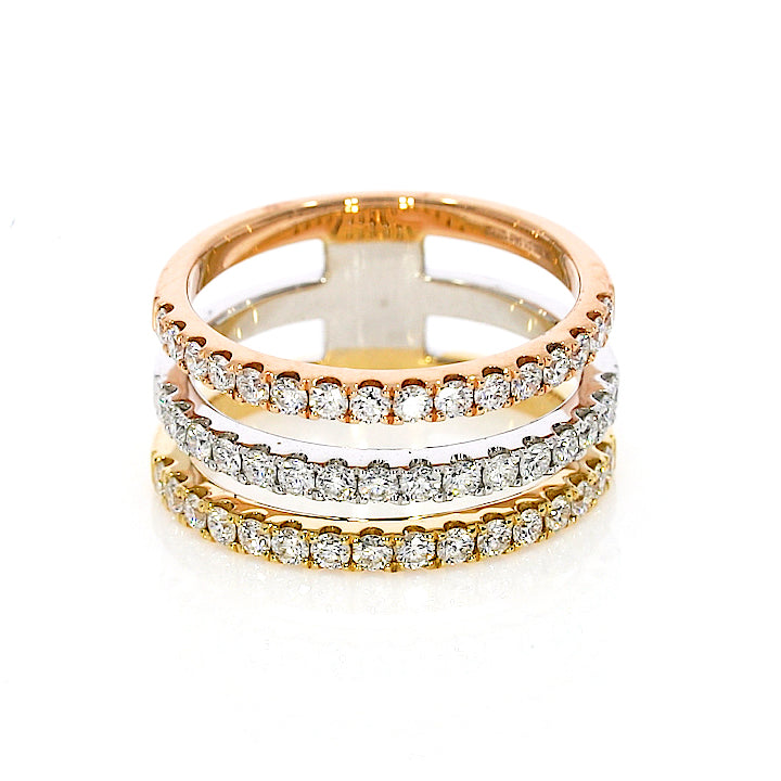 Ultra-modern, timeless three-color gold ring with 1.04cts round brilliant cut diamonds, set in 18ct gold.