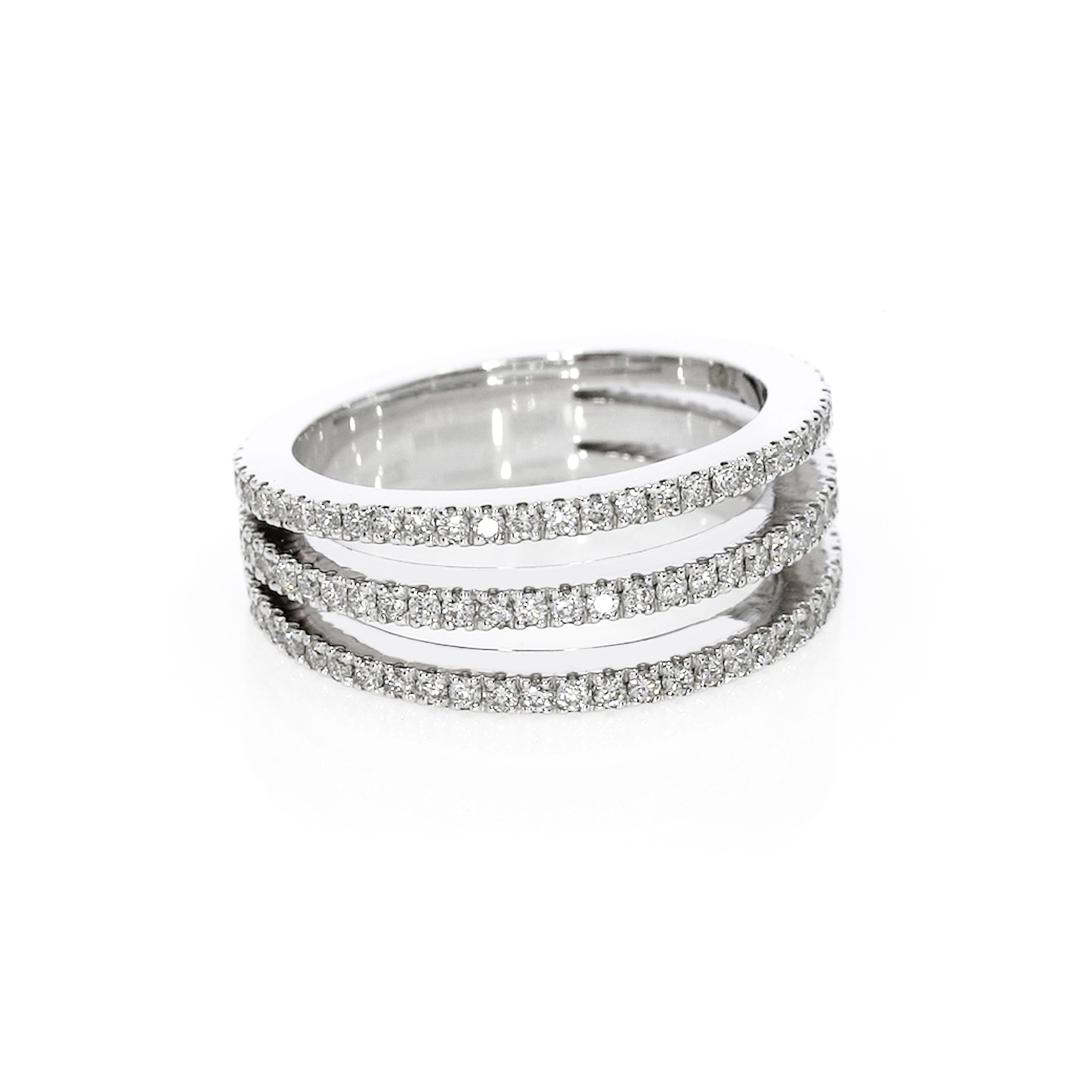 White gold ring with three rows of diamonds totaling 0.80cts, set in 18ct gold for a sleek look.