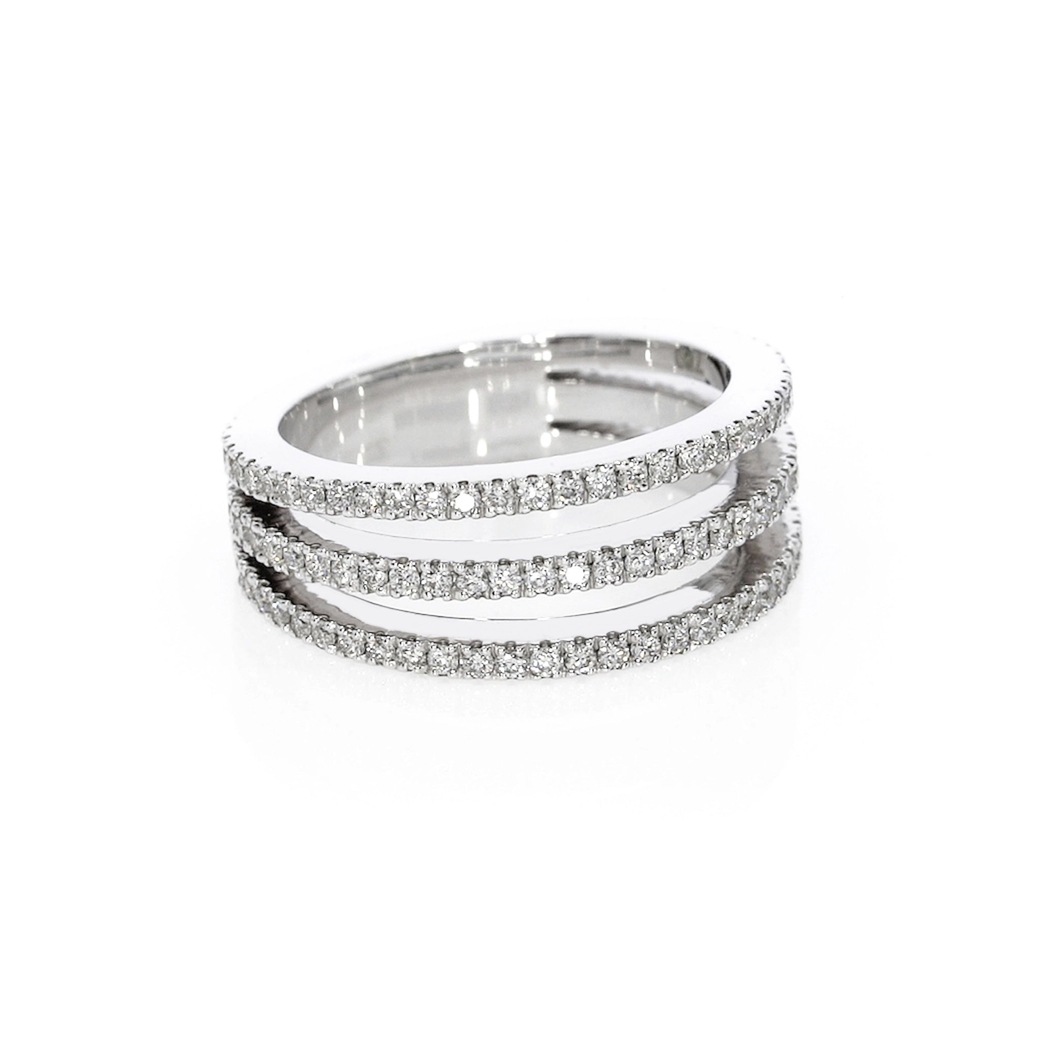 White gold ring with three rows of diamonds totalling 0.80cts, set in 18ct gold for a sleek look.