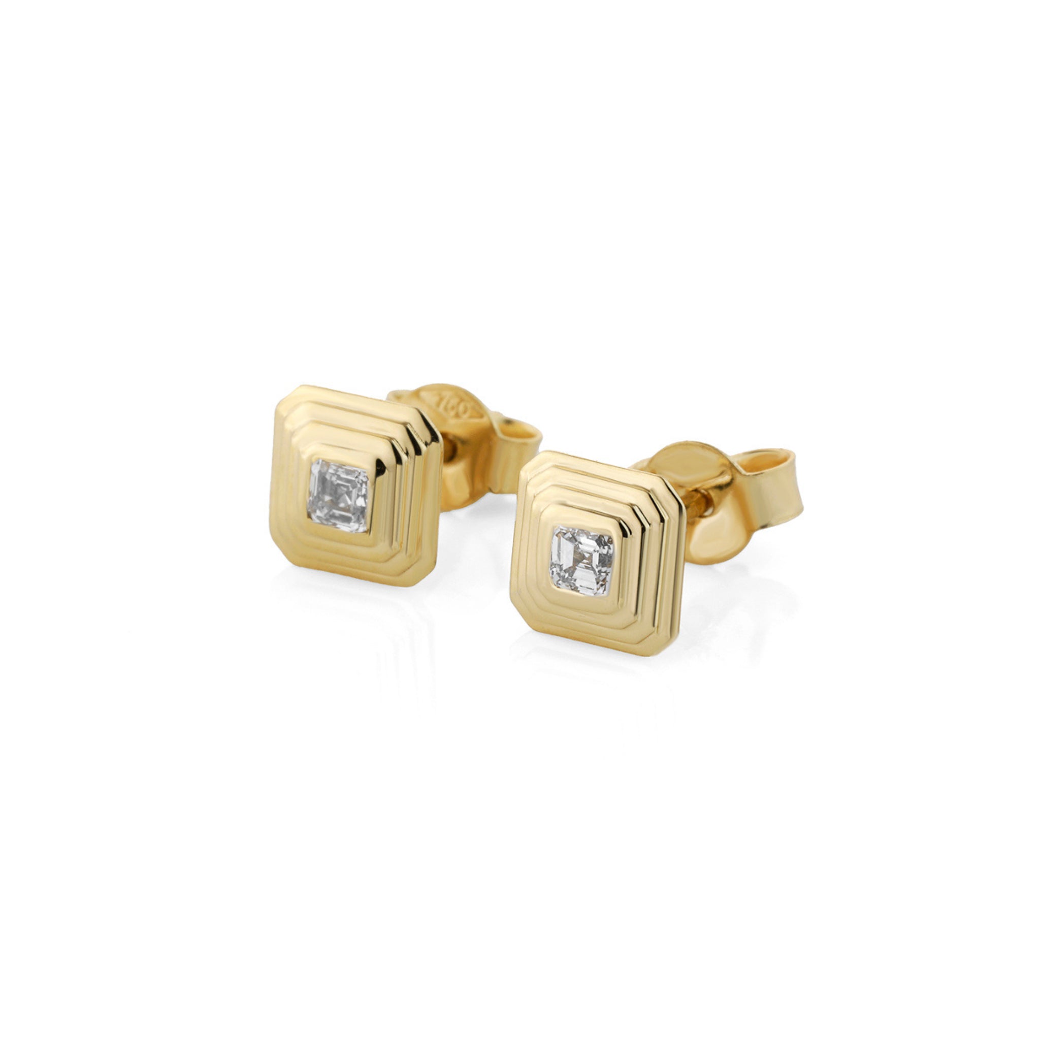 Gold square stud earrings with diamonds on a white background