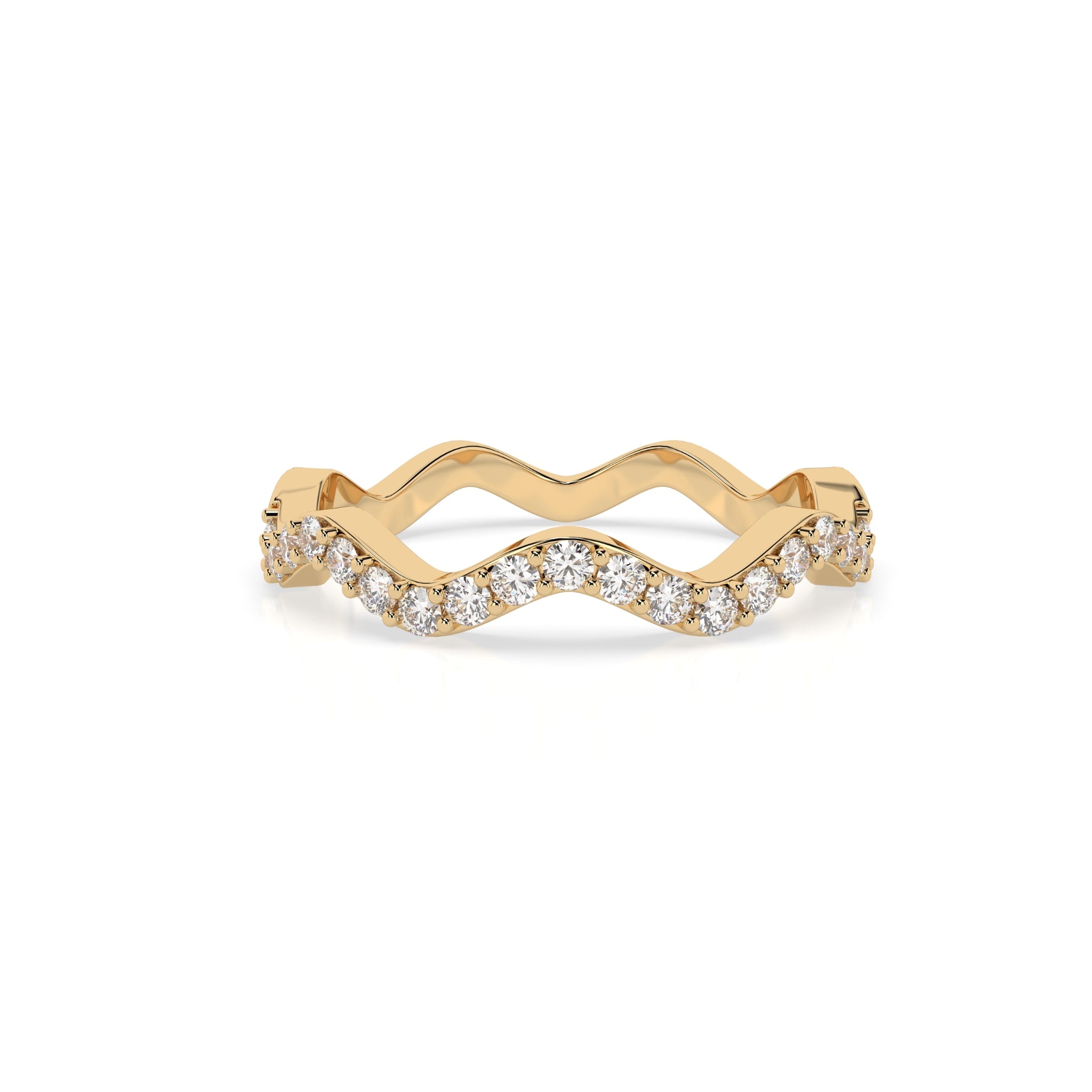 Diamond ring with wavy design and embedded diamonds on a white background
