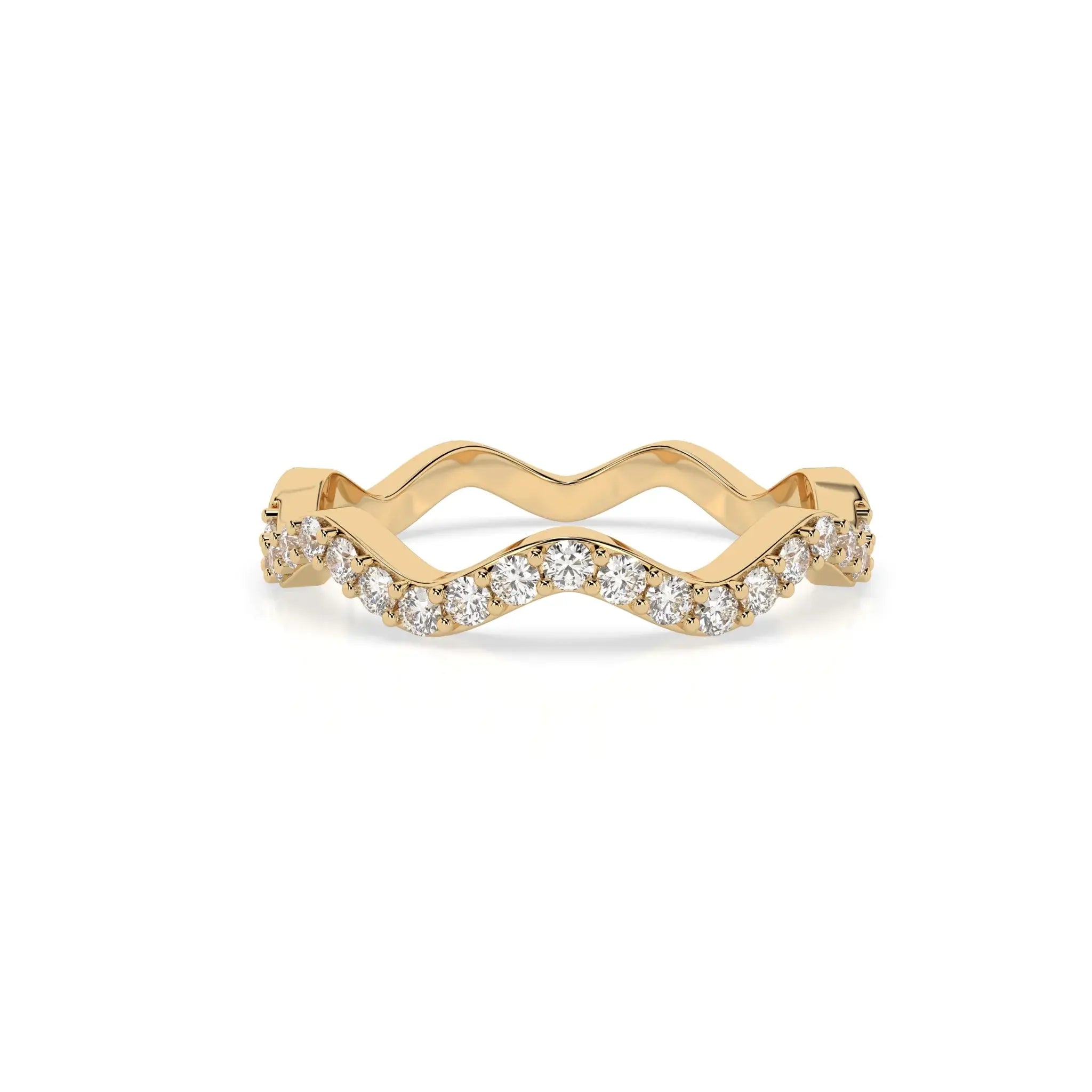 Diamond ring with wavy design and embedded diamonds on a white background