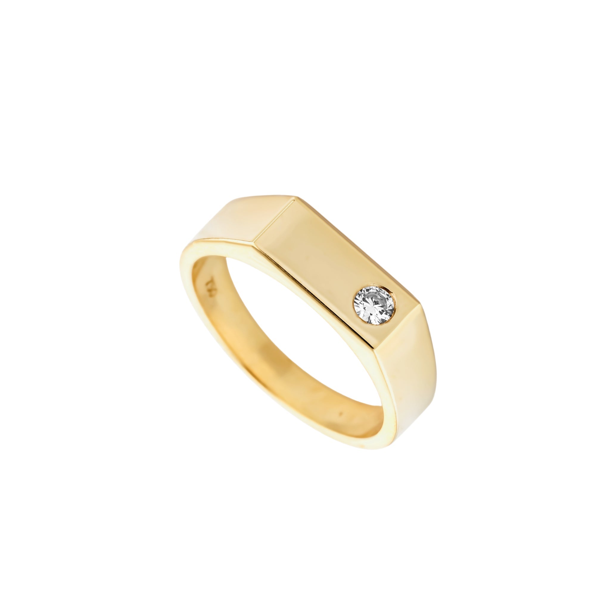 A yellow gold ring with a small round diamond set in a square bezel on the front, shown against a plain white background.