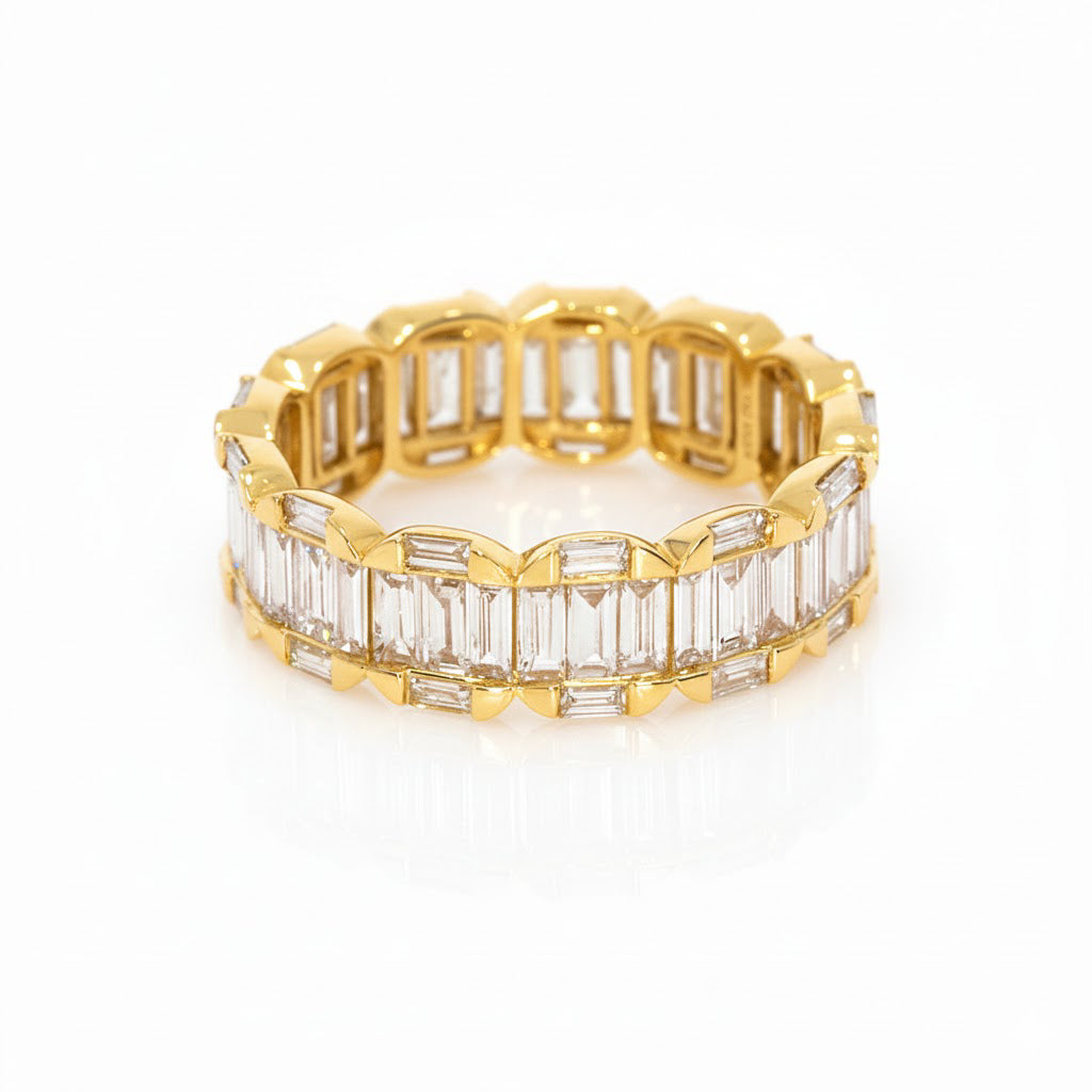 Baguette Cluster Eternity Ring featuring a unique arrangement of baguette diamonds in yellow gold setting.
