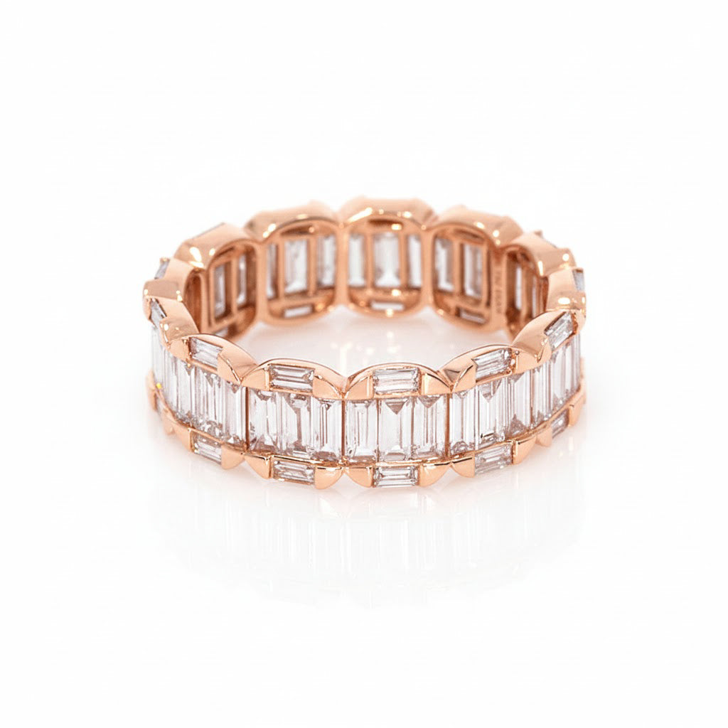 Baguette Cluster Eternity Ring featuring elegant baguette diamonds in a rose gold setting.