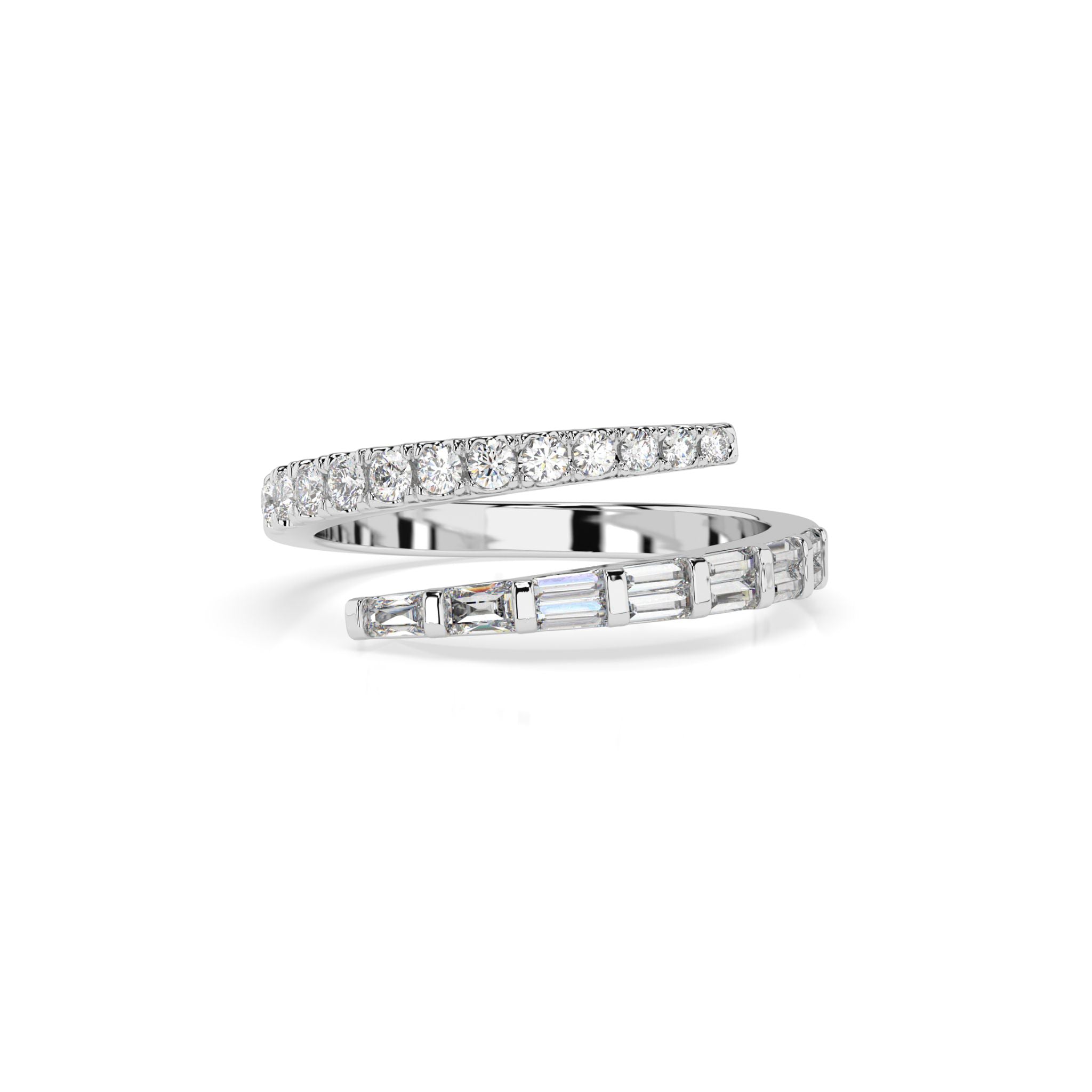 White gold baguette diamond wrap ring on a white background