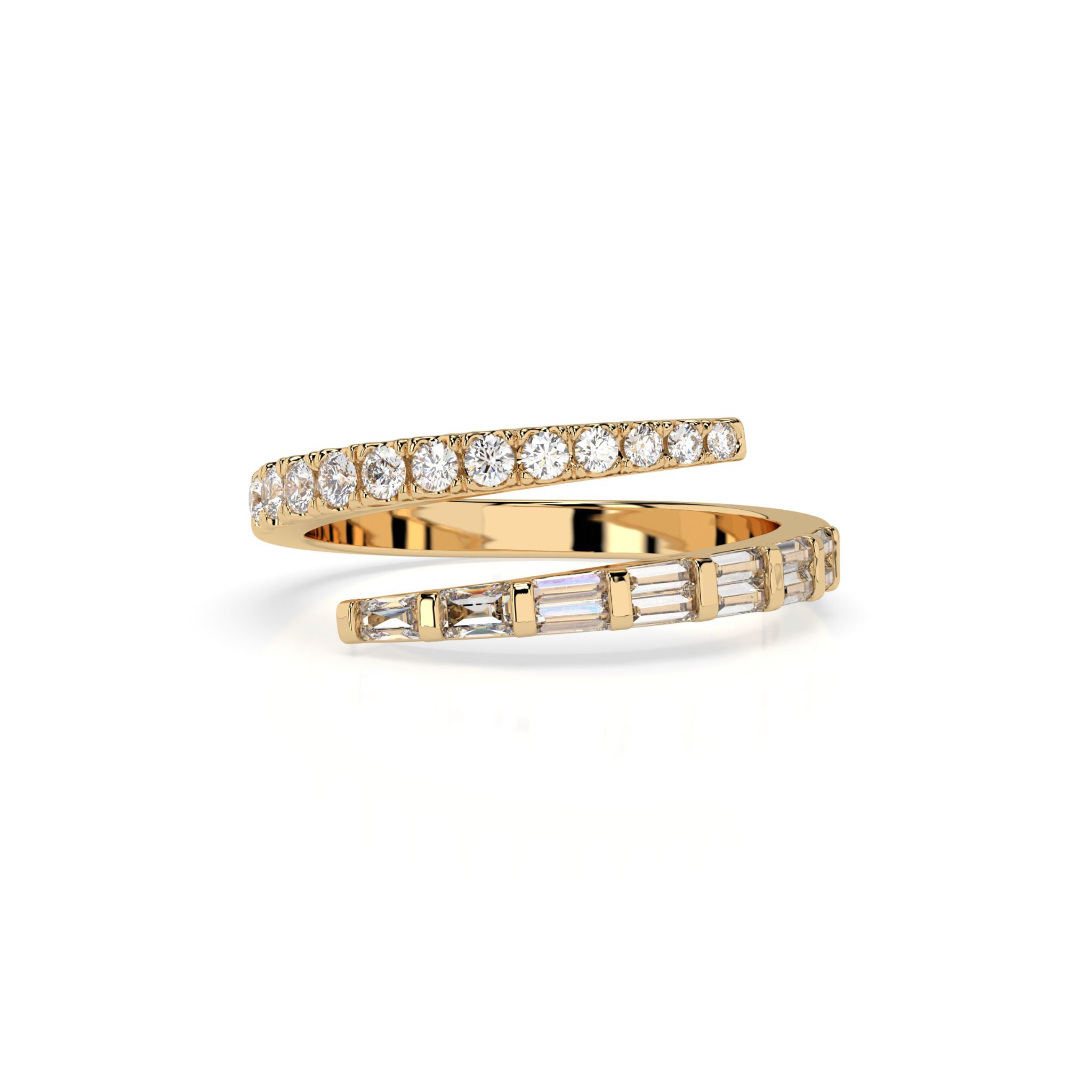 Baguette Wrap Ring with sparkly round brilliant and baguette cut diamonds, set in 18ct yellow gold.