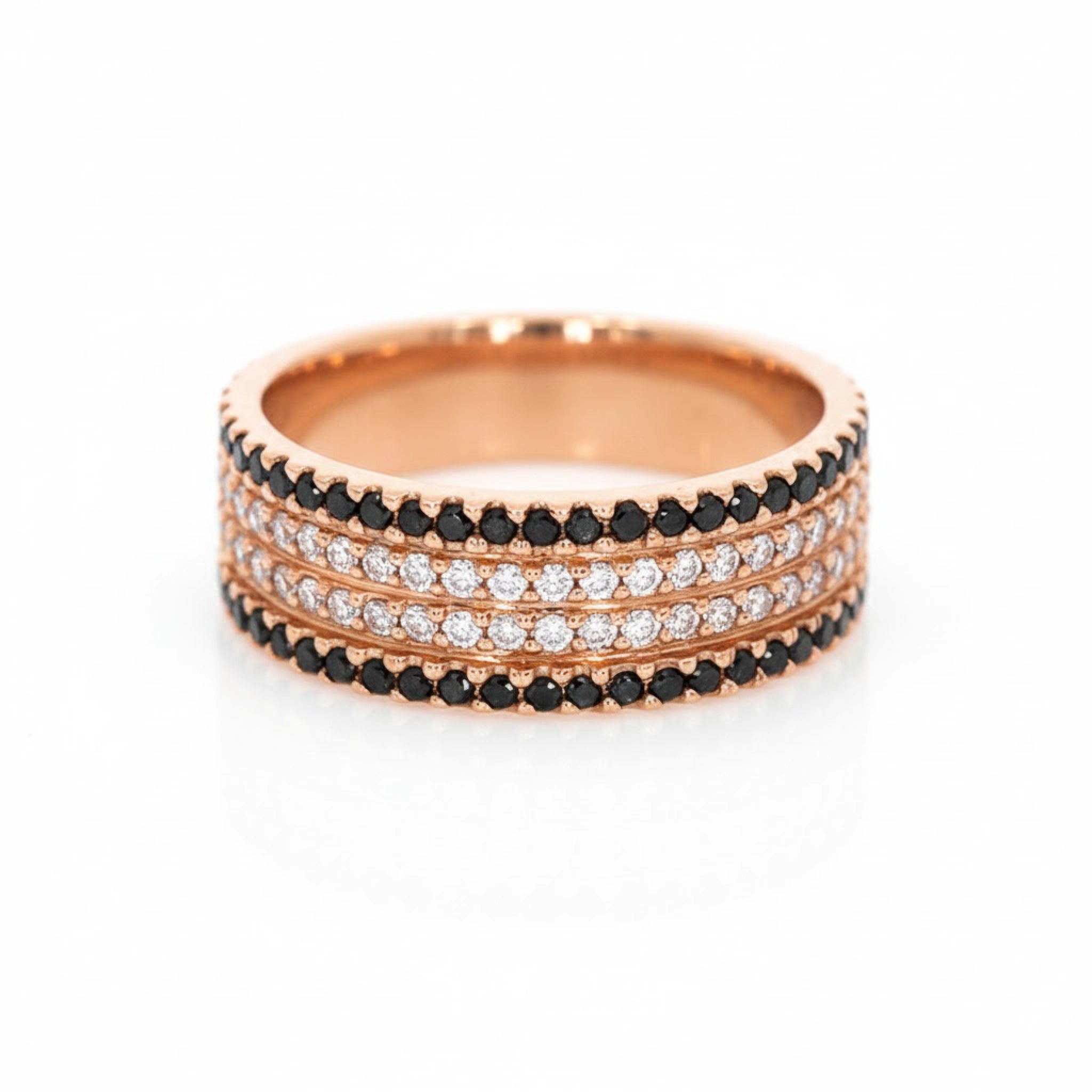 Black and White Diamond Ring featuring black and white diamonds set in elegant 18ct gold, perfect for stacking.