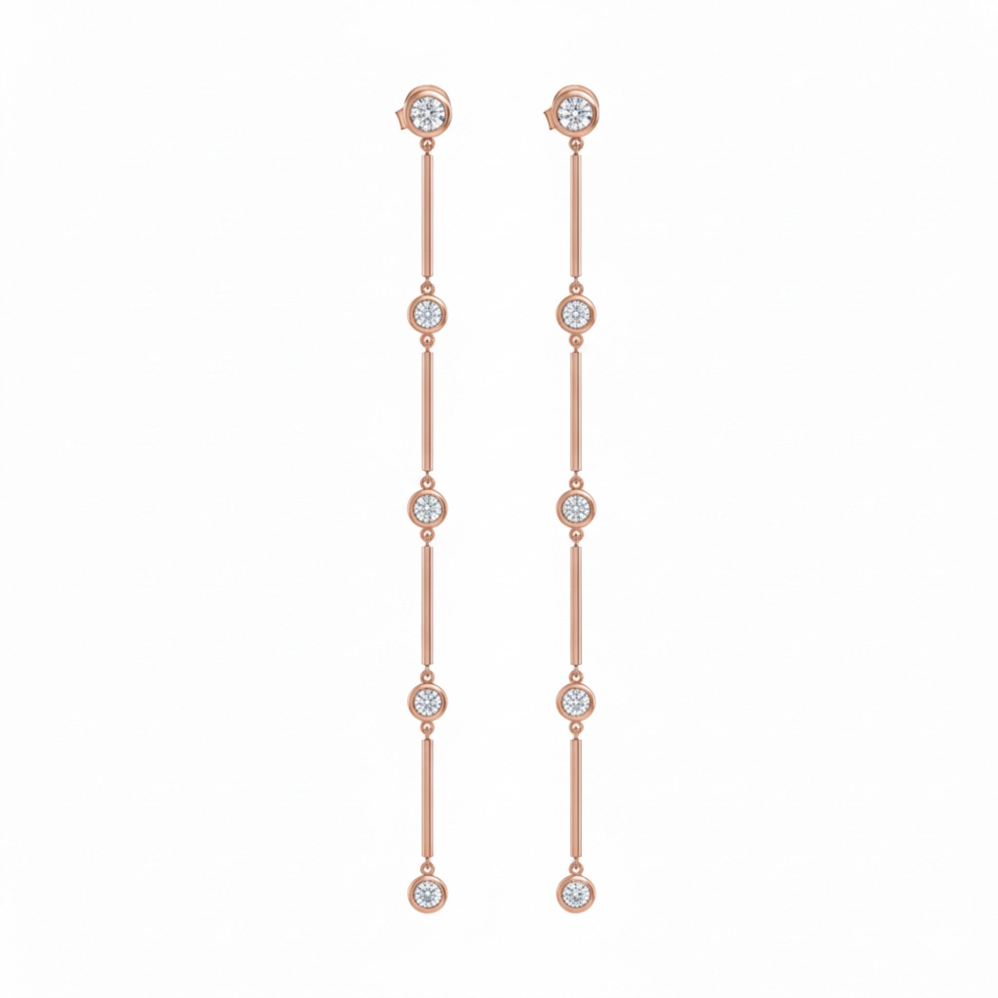 Elegant Cascade Diamond Earrings in 18ct rose gold showcasing a shimmering drop of bezel set diamonds.