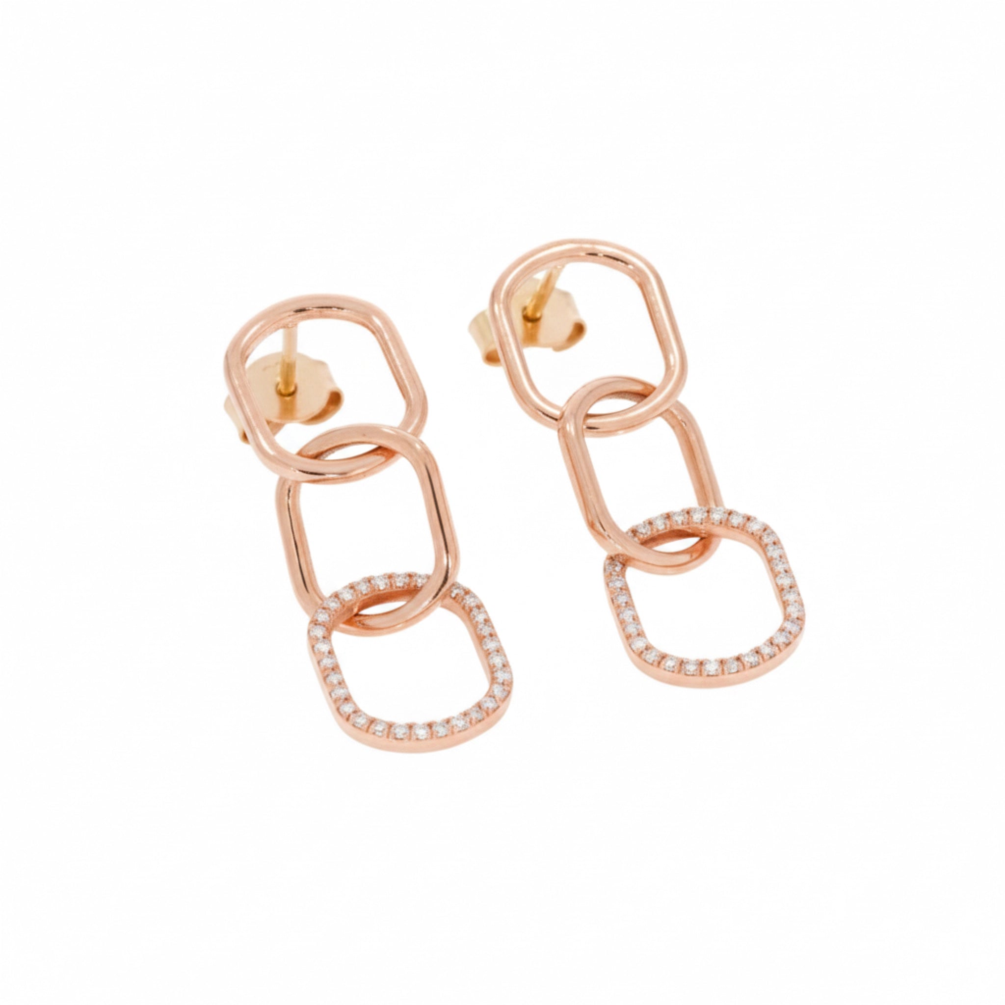 Large chain link diamond earrings featuring certified diamonds in rose gold setting with post and butterfly backs.