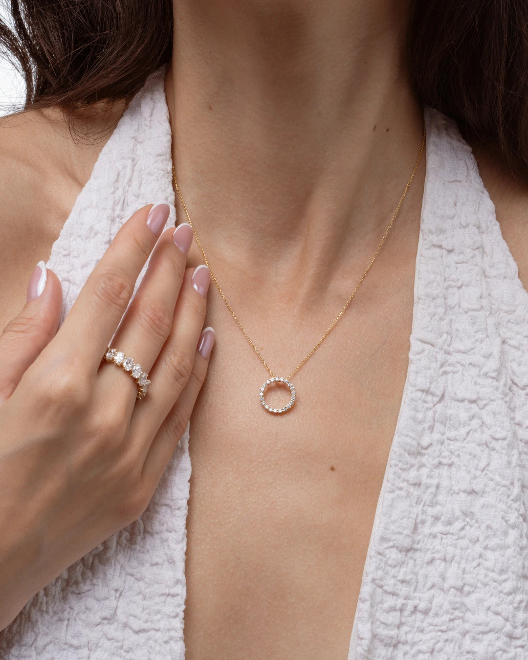 Circle Of Life Necklace - Small featuring hand-set diamonds on a delicate chain worn with stylish accessories.
